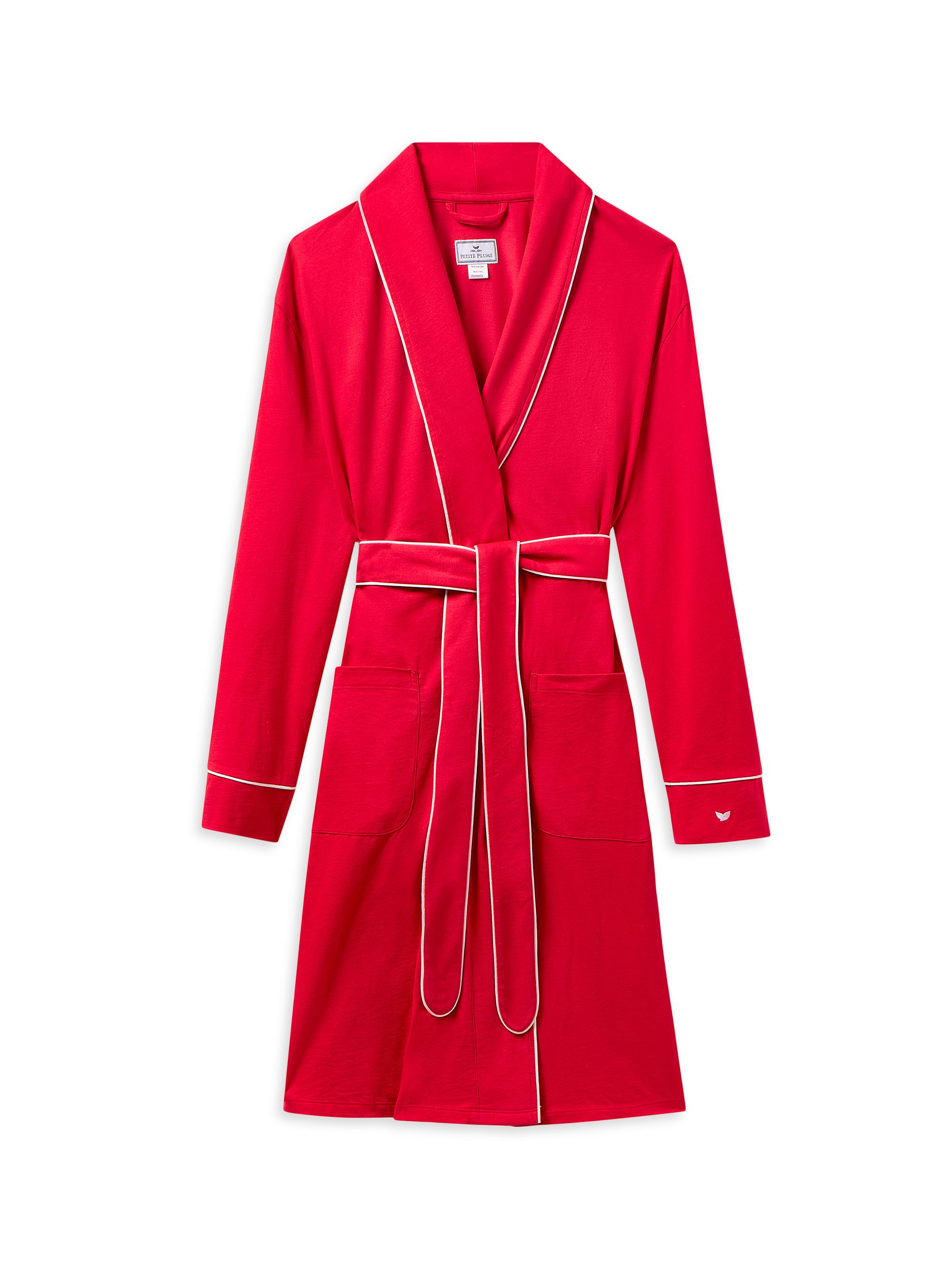Petite Plume Contrast-Trimmed Cotton Tie-Waist Robe - Red