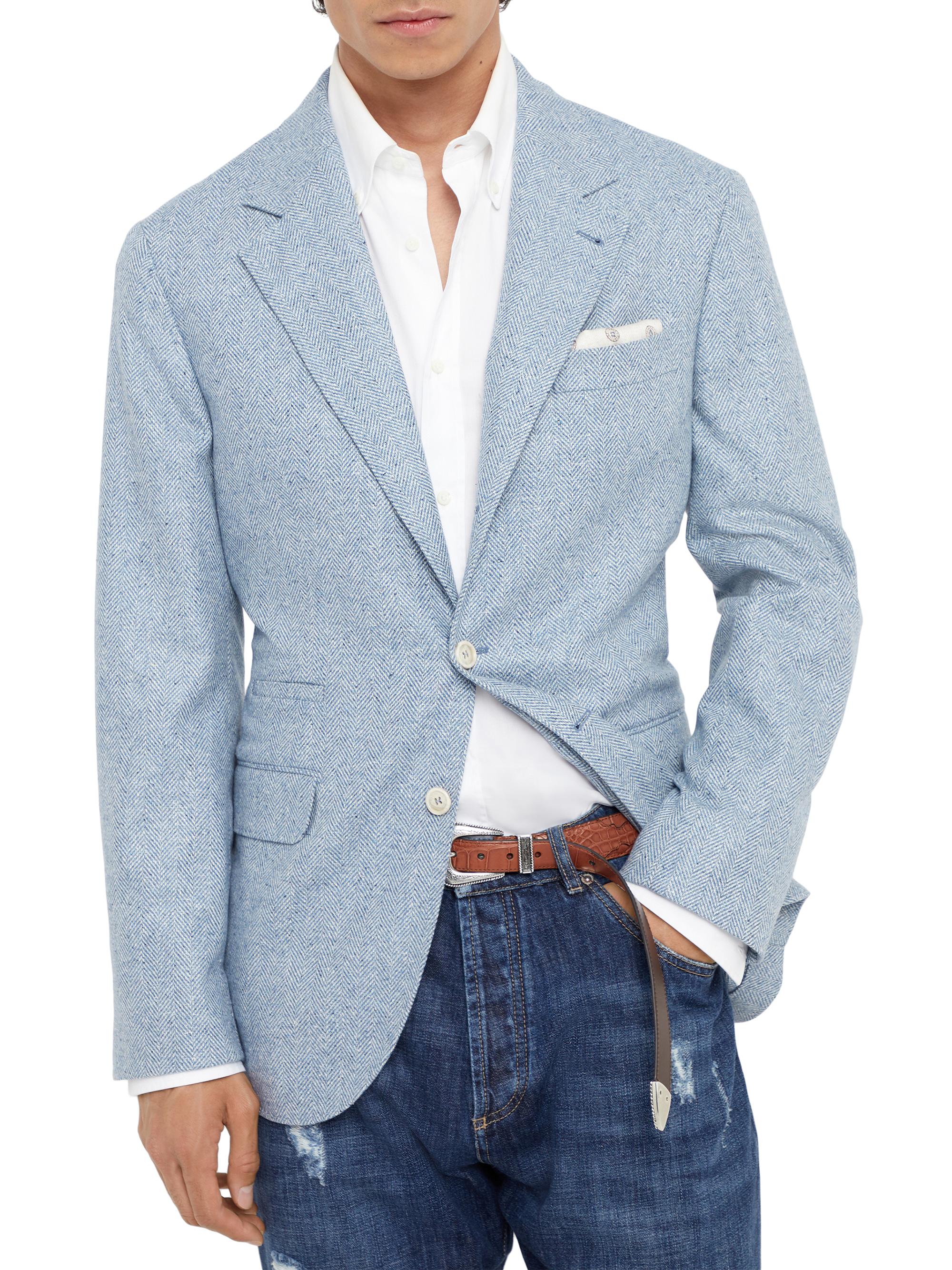 Brunello Cucinelli Men's Flecked Wool, Silk and Cashmere Comfort Chevron Deconstructed Blazer - Azure