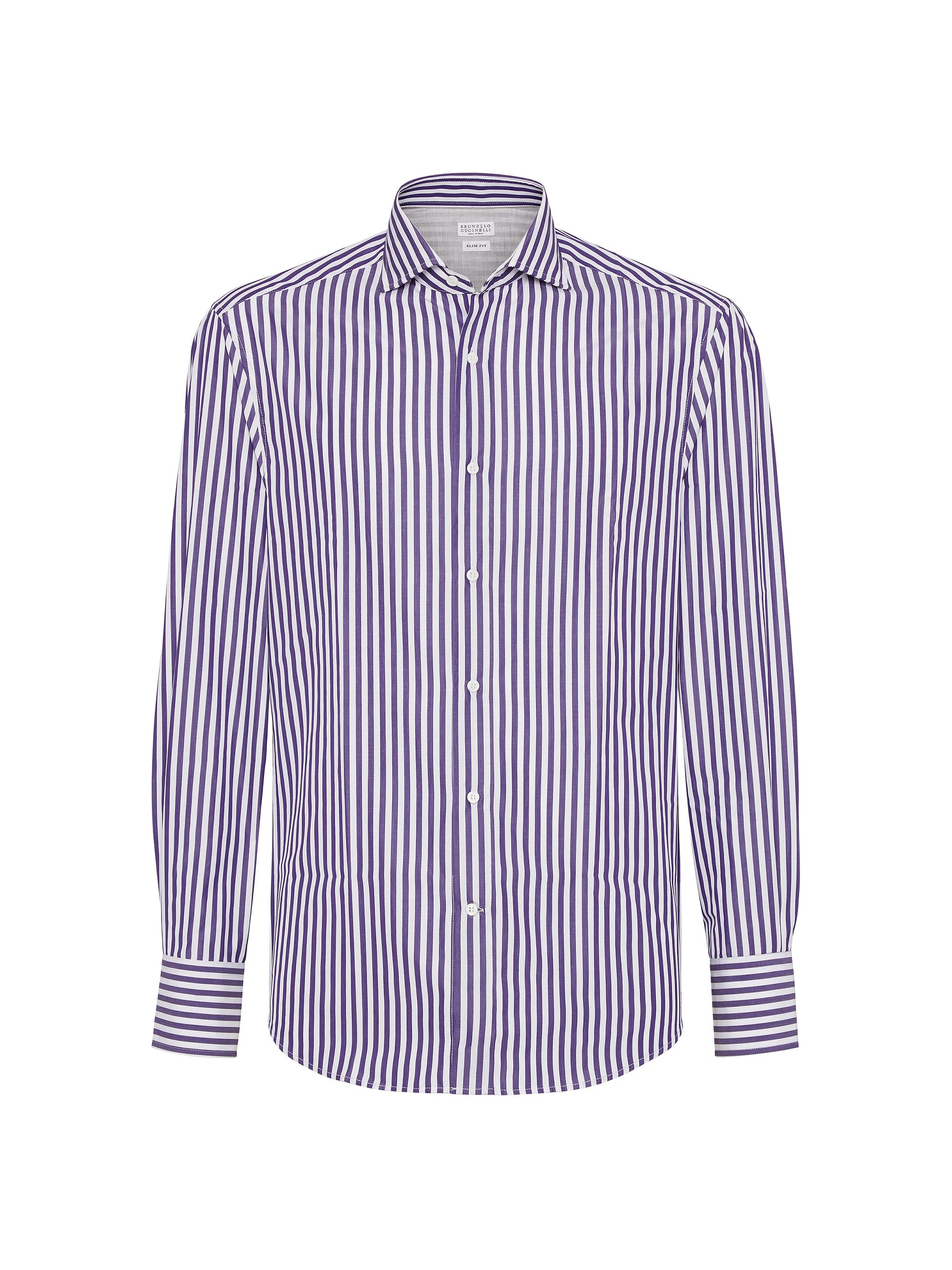 Brunello Cucinelli Men's Striped Poplin Slim Fit Shirt with Spread Collar - Purple