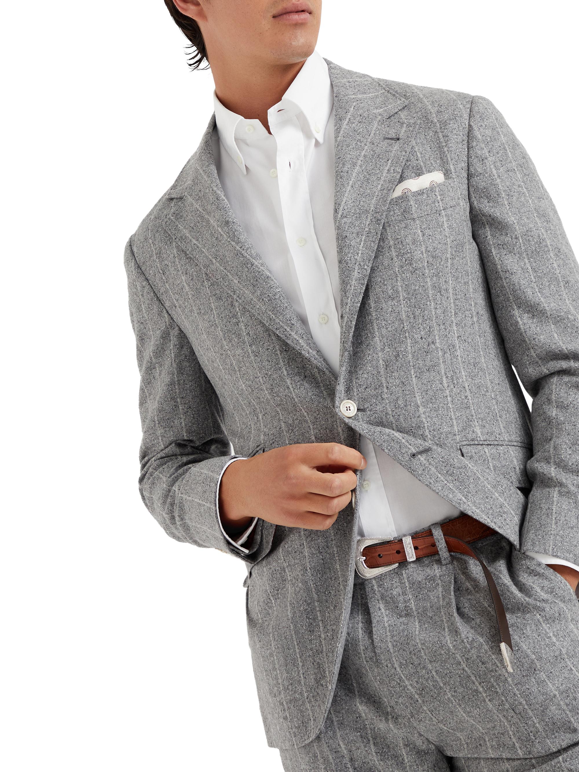 Brunello Cucinelli Men's Stripe Flannel Deconstructed Cavallo Blazer - Light Grey