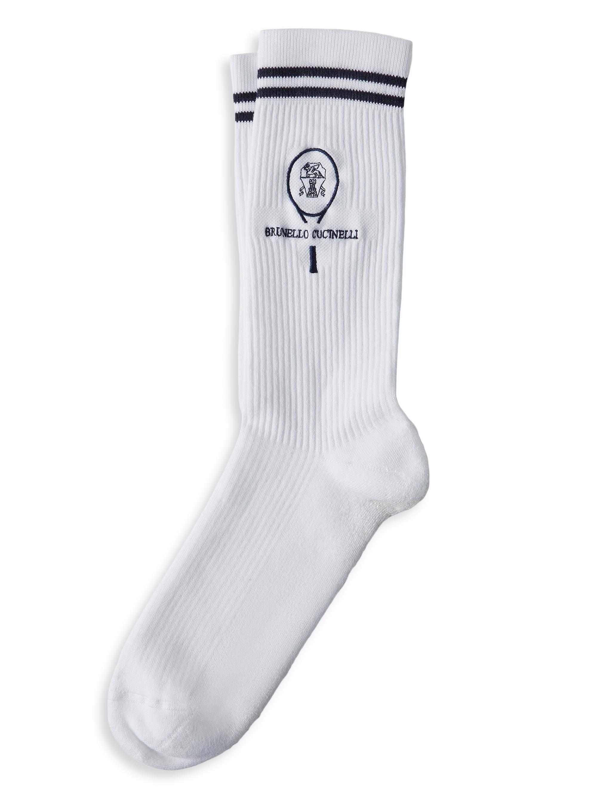 Brunello Cucinelli Men's Techno Cotton Rib Knit Socks with Embroidery - White