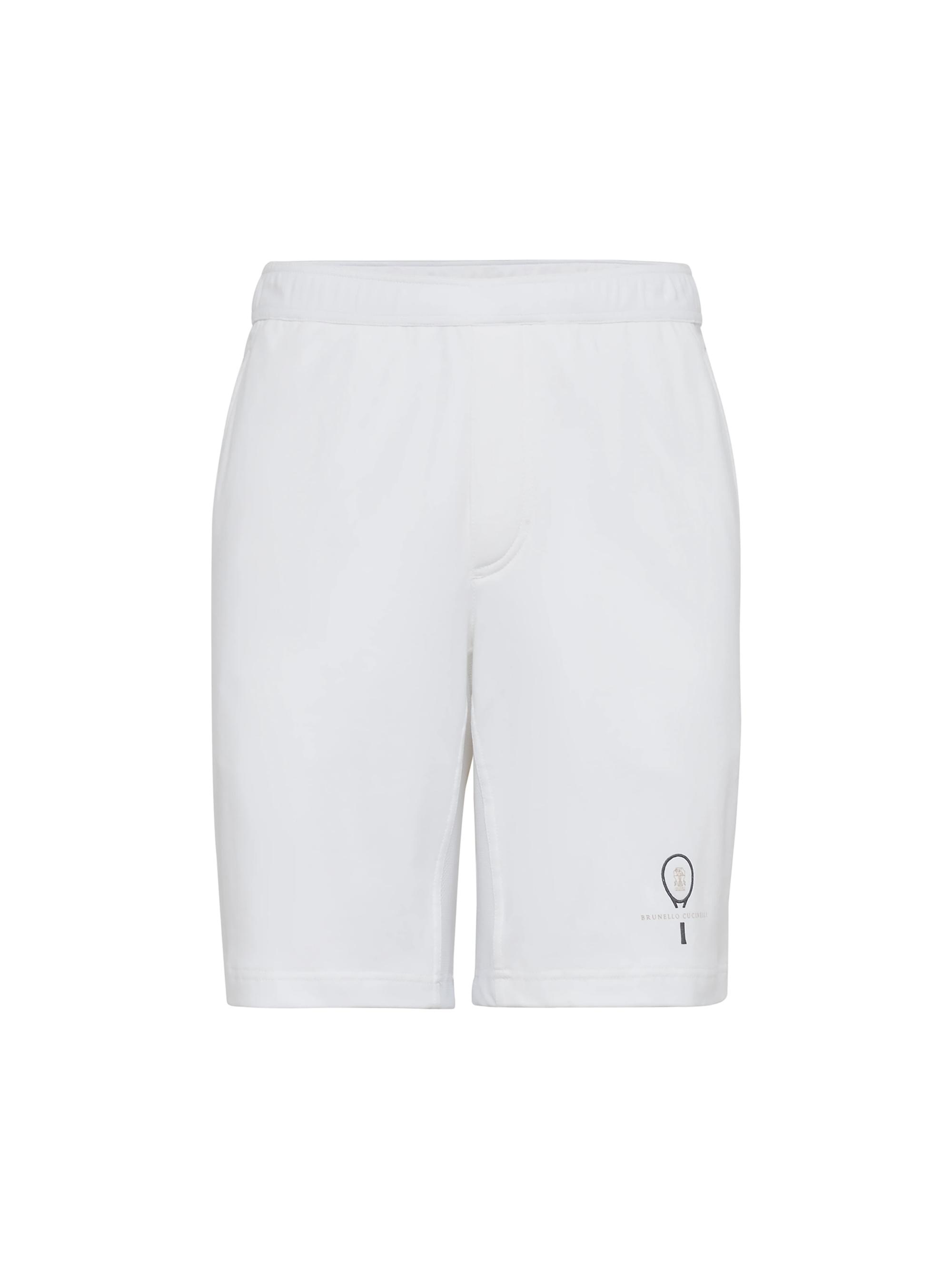 Brunello Cucinelli Men's Cotton Interlock Bermuda Shorts with Tennis Logo - White