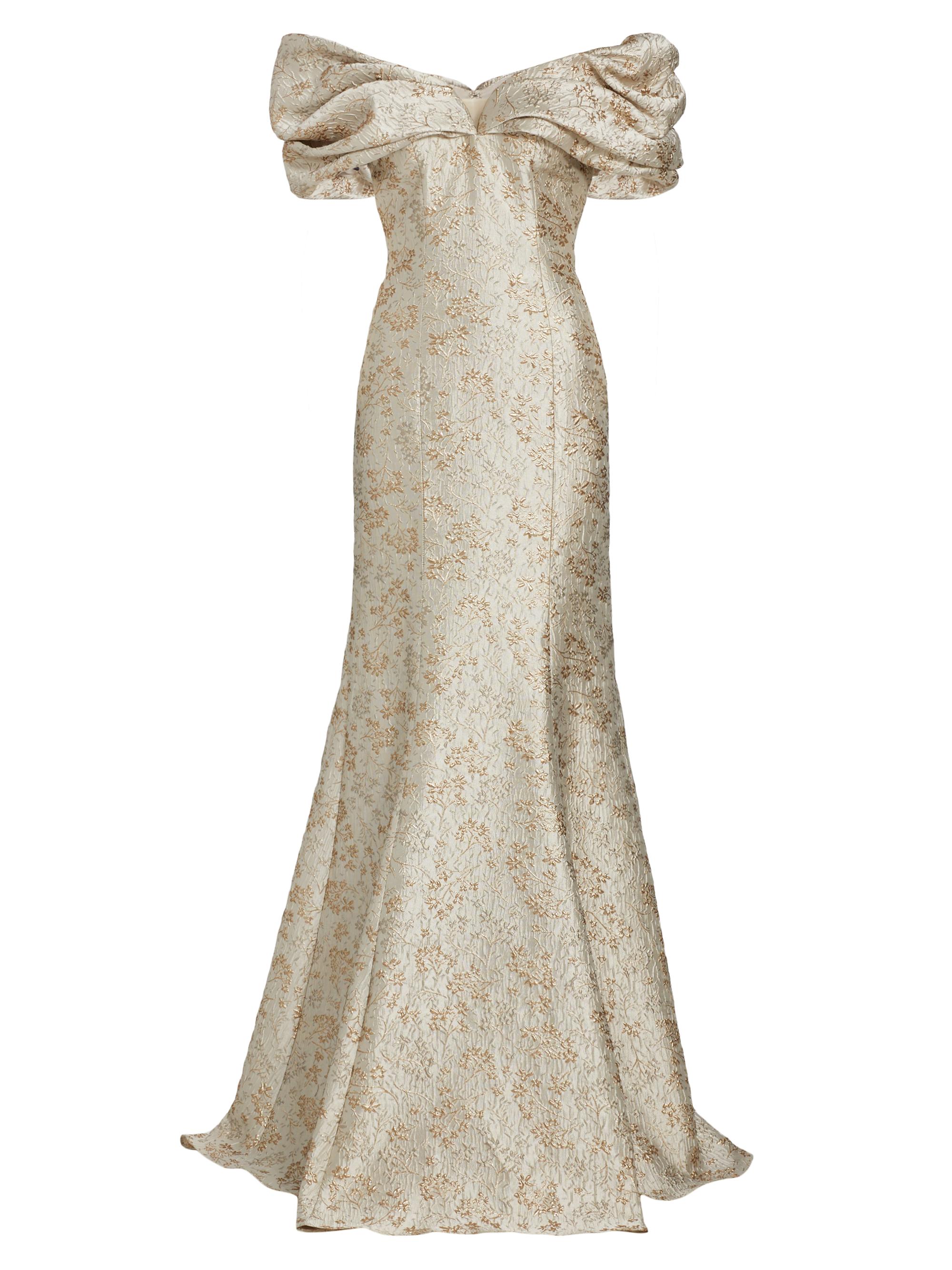 Shoulder ribbon jacquard dress/LE’RURE Teri Jon by Rickie Freeman Metallic Jacquard Off-The-Shoulder Gown