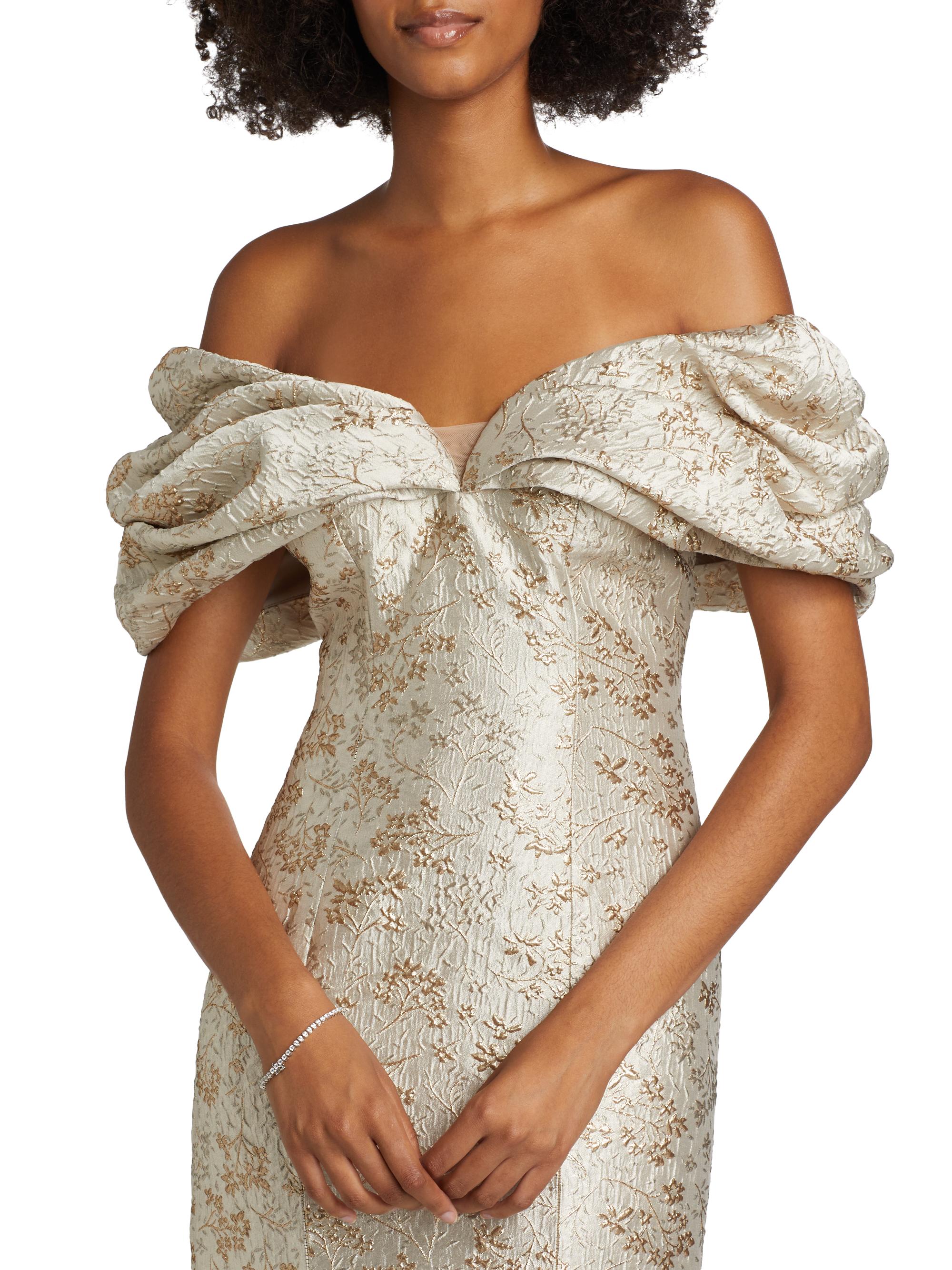 Teri Jon by Rickie Freeman Metallic Jacquard Off-The-Shoulder Gown