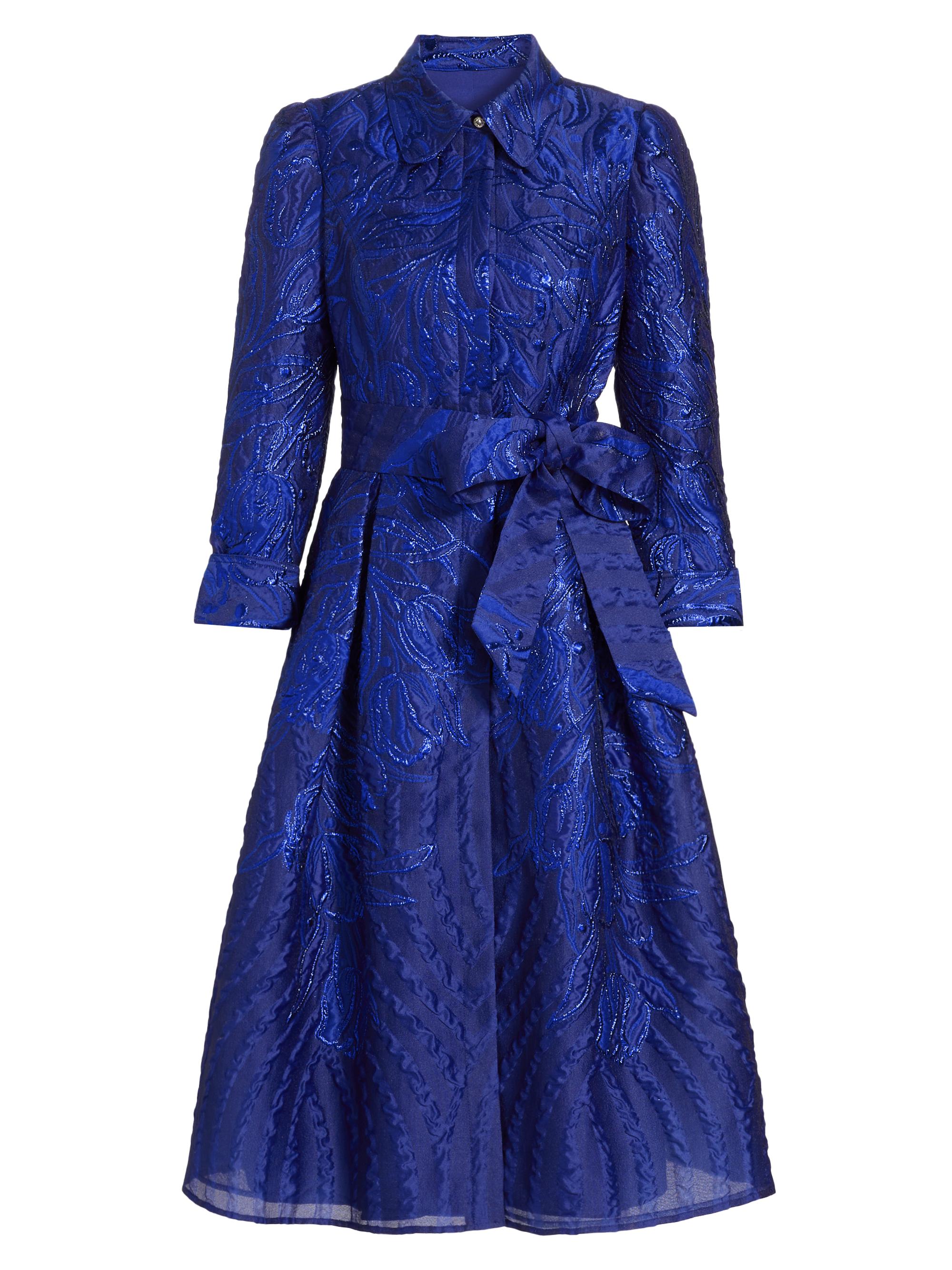 Teri Jon by Rickie Freeman Women's Metallic Jacquard Belted Midi-Shirtdress - Royal Blue