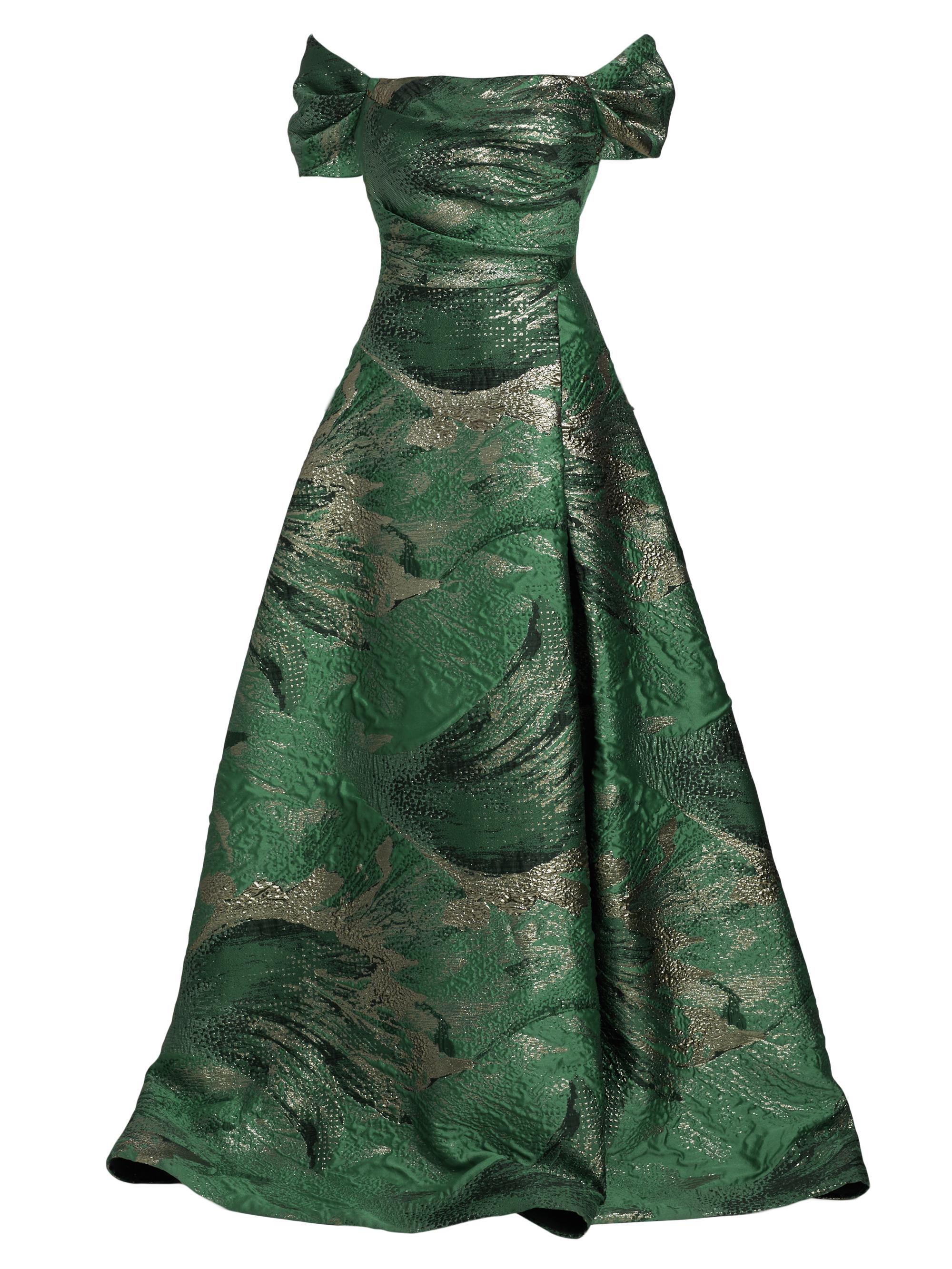 Teri Jon by Rickie Freeman Women's Leaf Metallic Jacquard Off-the-Shoulder Gown - Sage Multi