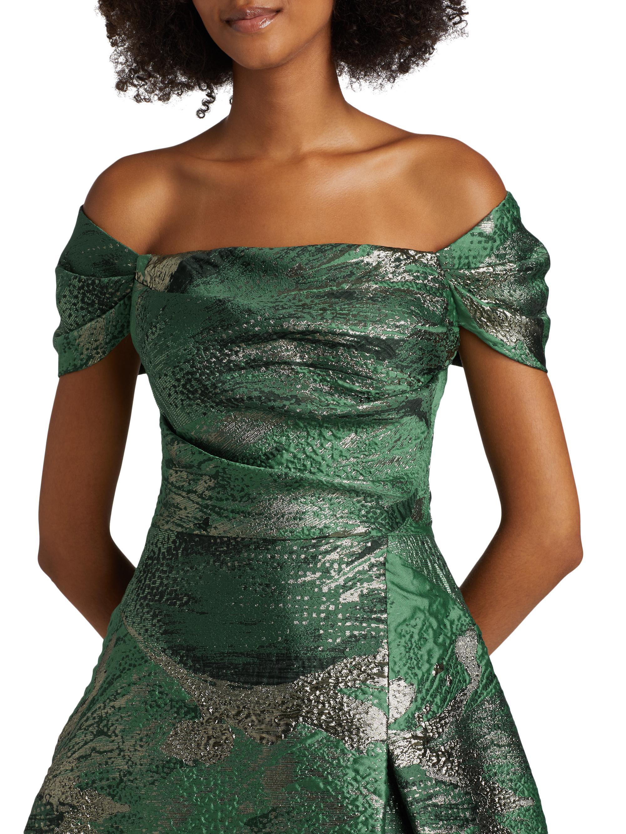 Teri Jon by Rickie Freeman Leaf Metallic Jacquard Off-the-Shoulder Gown | Saks  Fifth Avenue