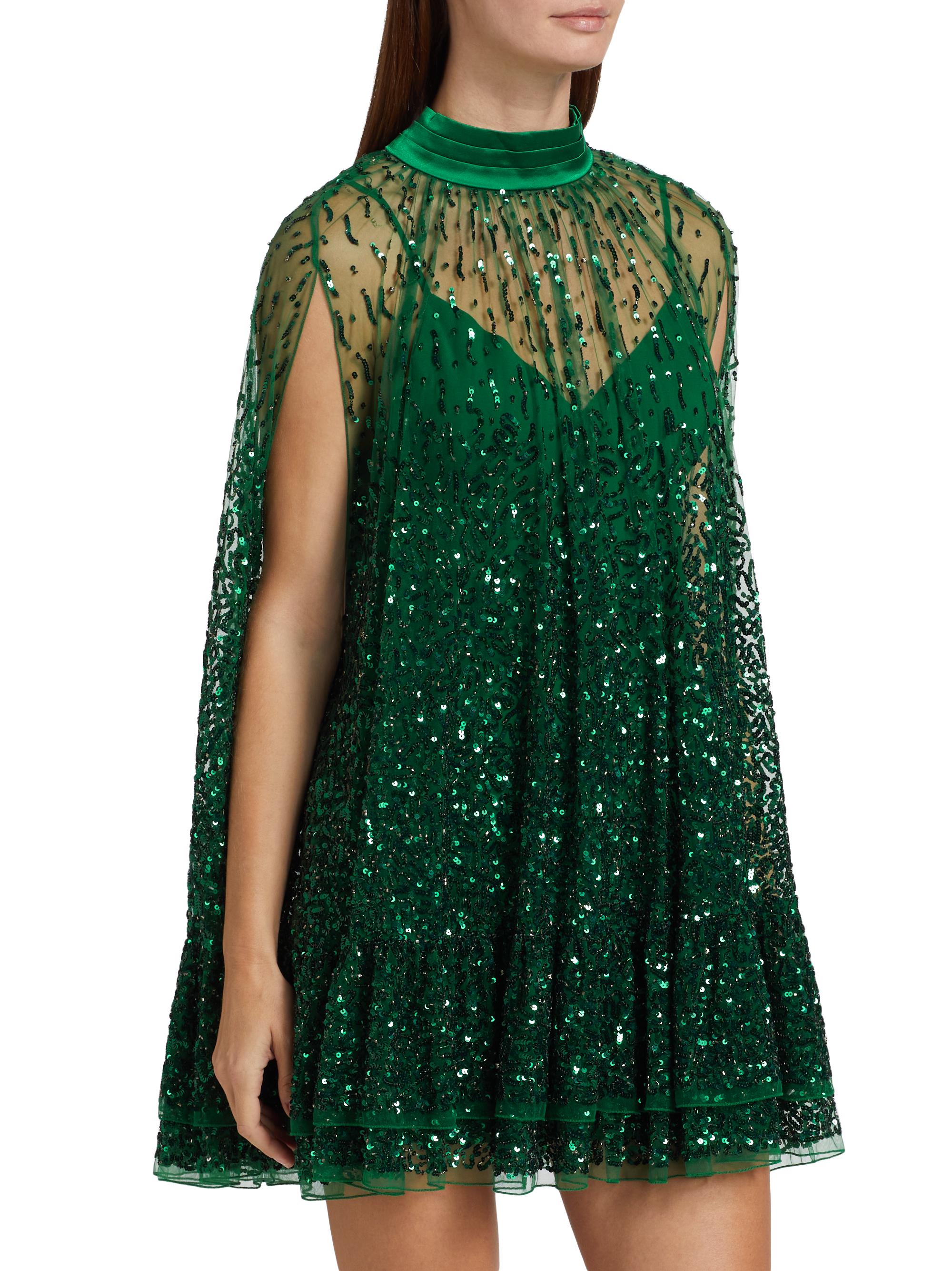 Alice + Olivia Zenon Embellished Tie-Neck Cape Minidress