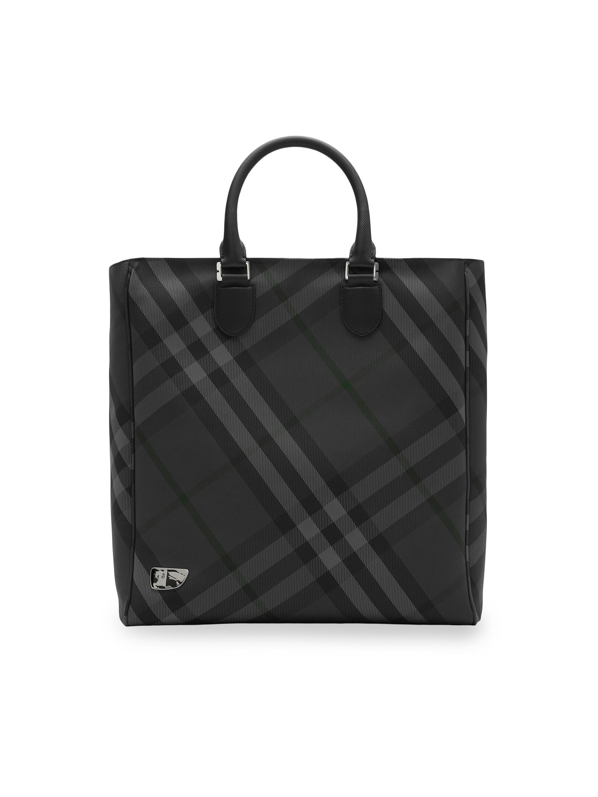 Burberry Men's Check Pattern Grid Tote Bag - Charcoal