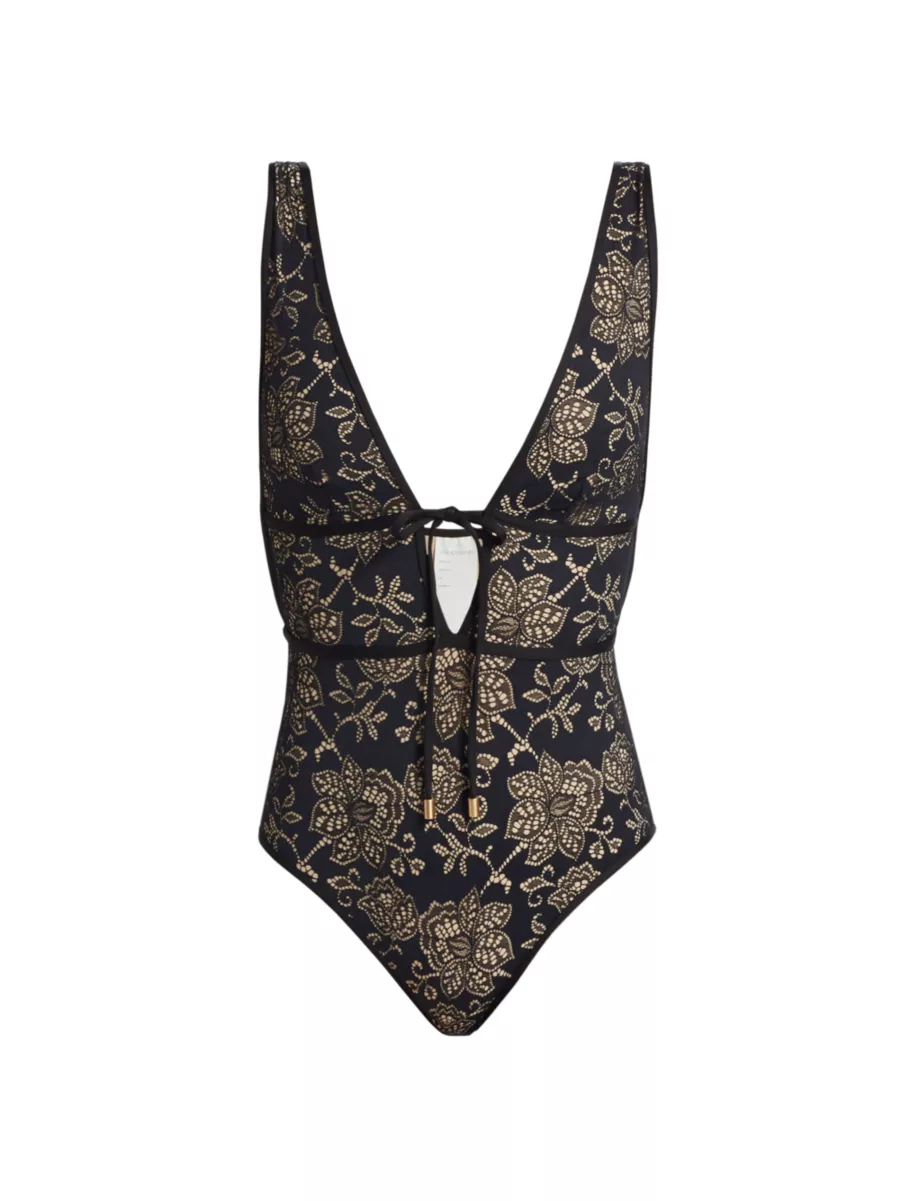 Shop Zimmermann Tallow Lace Plunge One-Piece Swimsuit | Saks