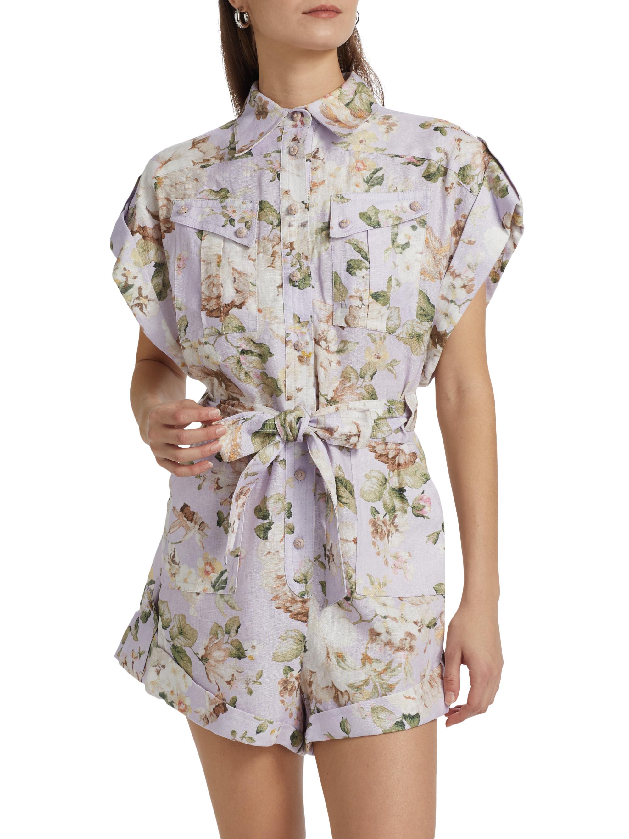 Zimmermann Acacia Floral Linen Pocket Romper | Saks Fifth Avenue