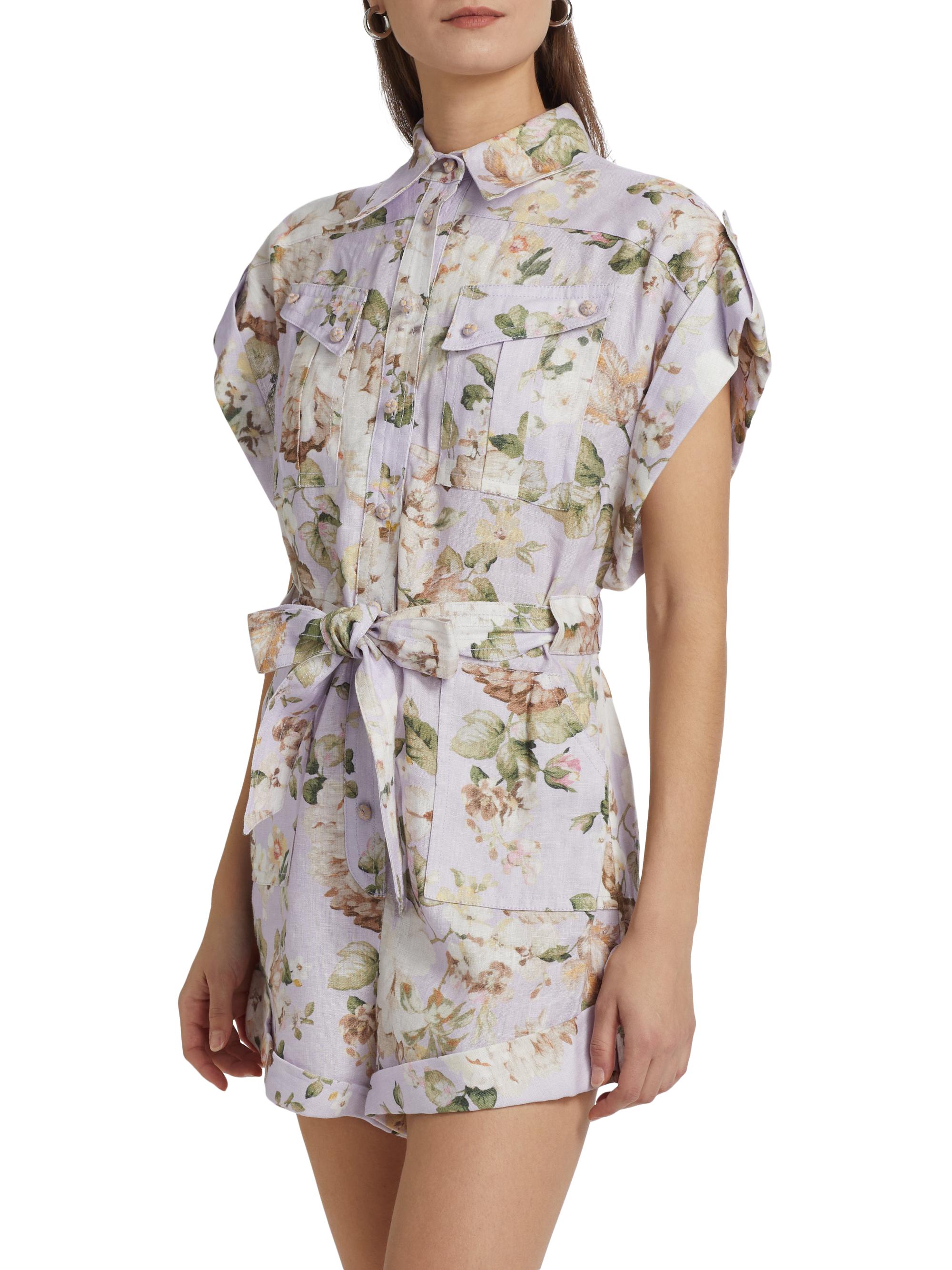 Zimmermann Acacia Floral Linen Pocket Romper | Saks Fifth Avenue