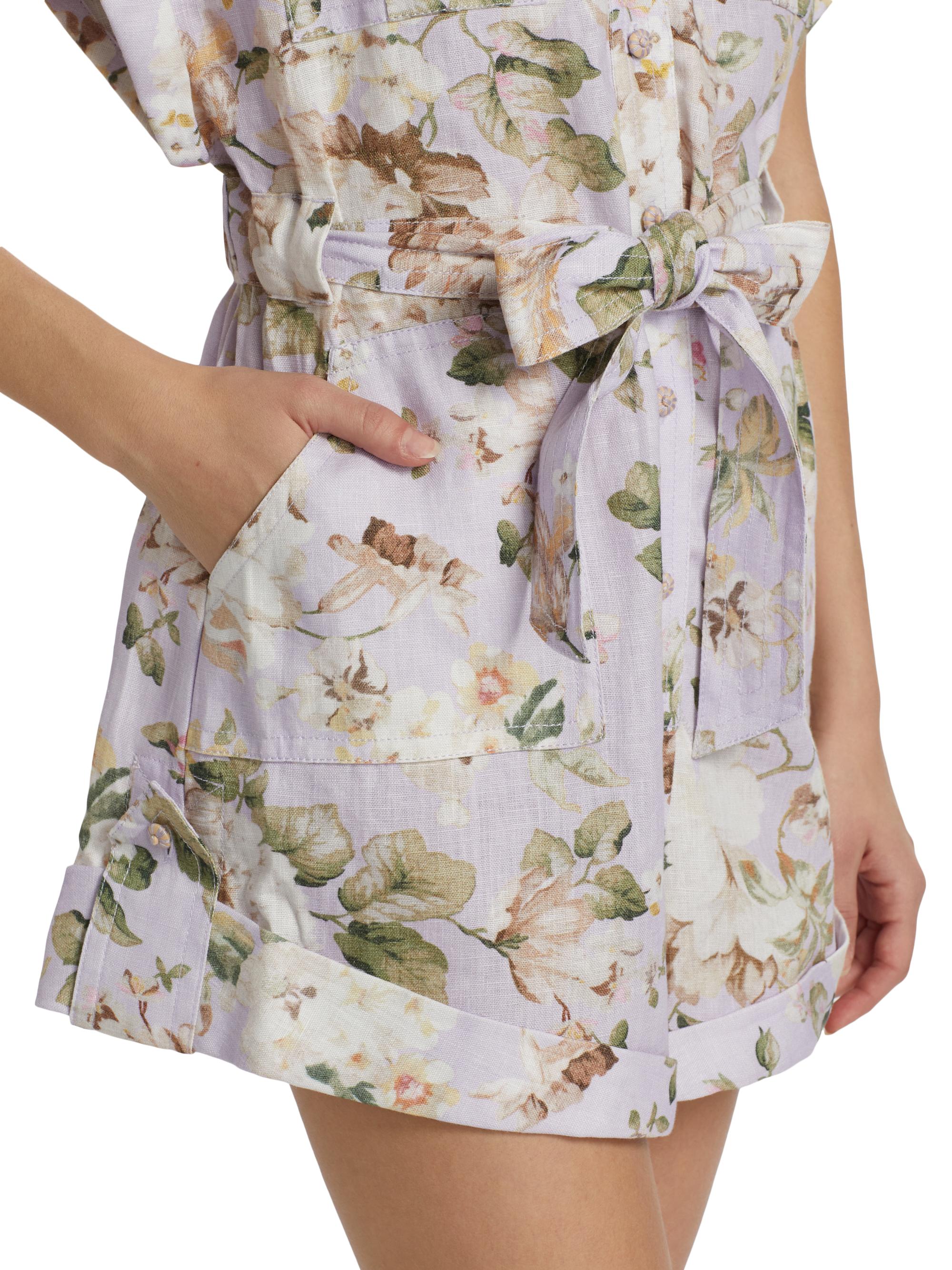 Zimmermann Acacia Floral Linen Pocket Romper | Saks Fifth Avenue
