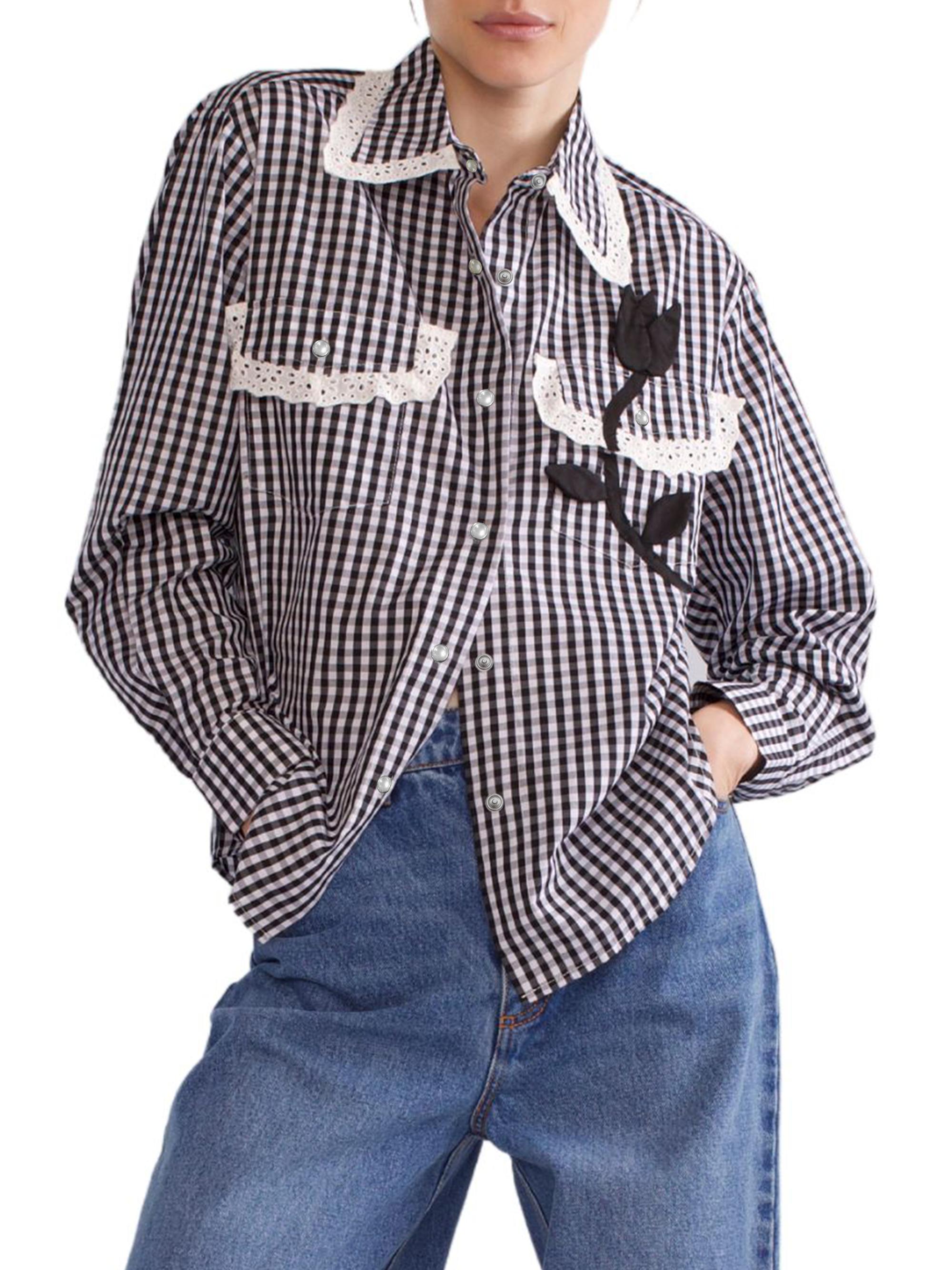 Cynthia Rowley Women's Lace Appliqué Cotton Gingham Shirt - Black White Gingham