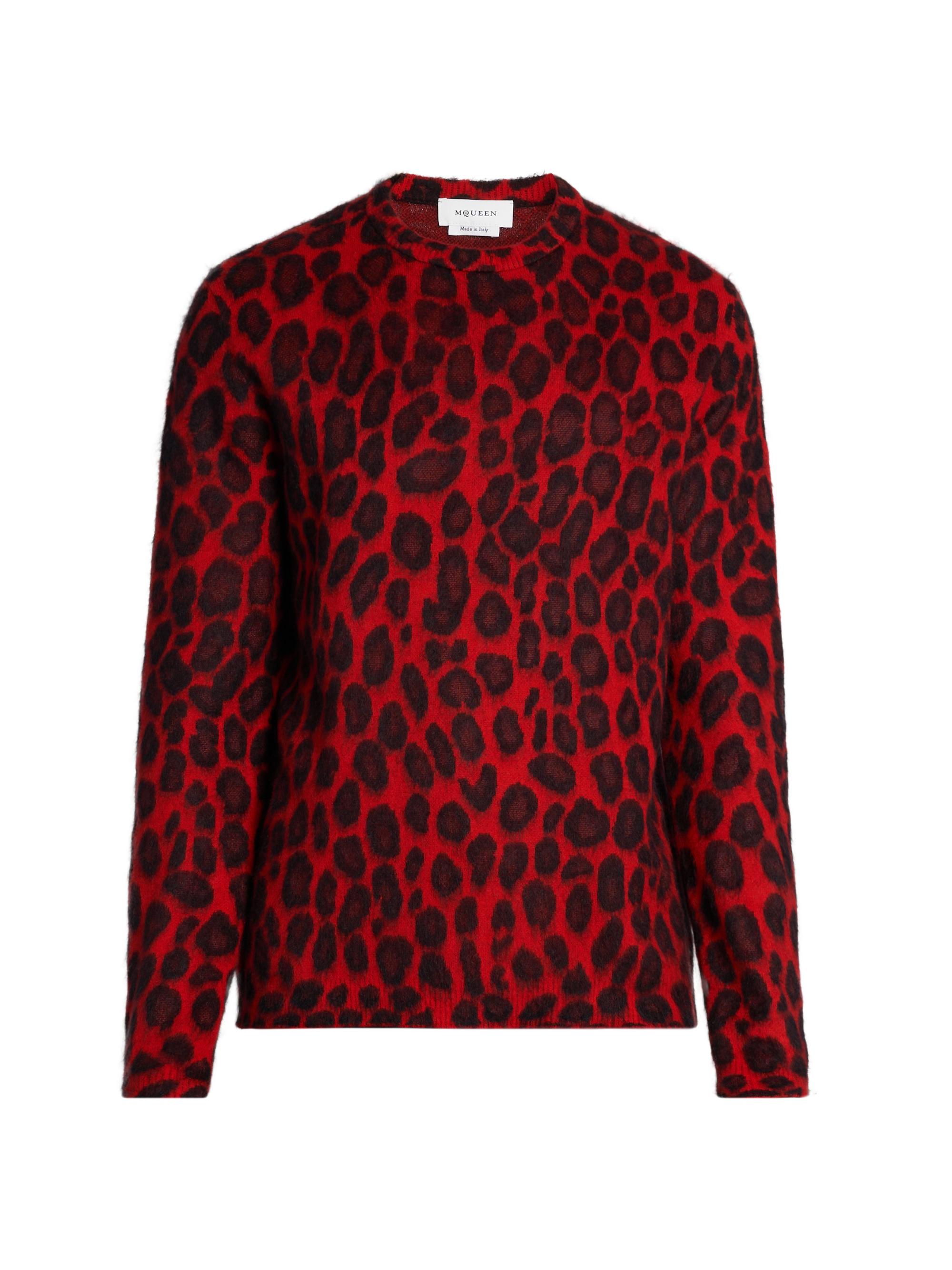 McQueen Men's Leopard Crewneck Sweater - Fire Red Black
