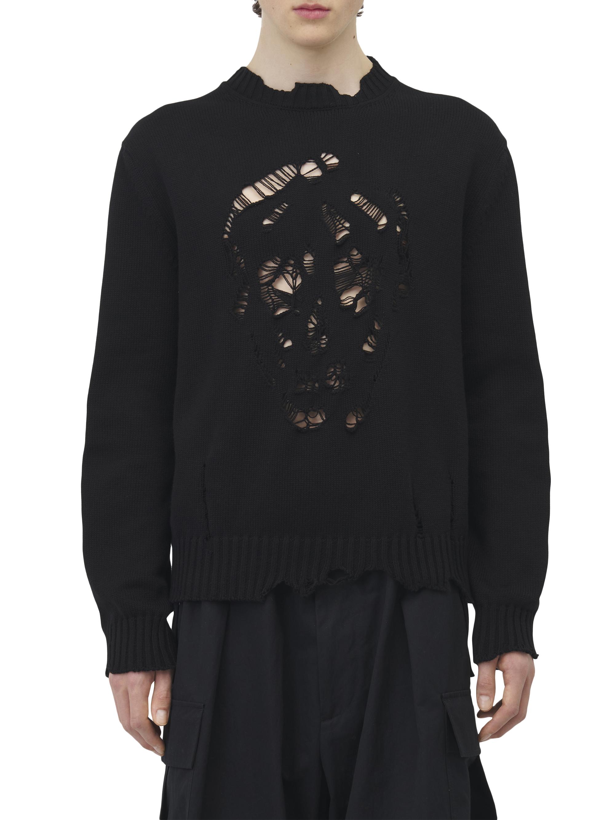 McQueen Men's Distressed Skull Crewneck Cotton Sweater - Black