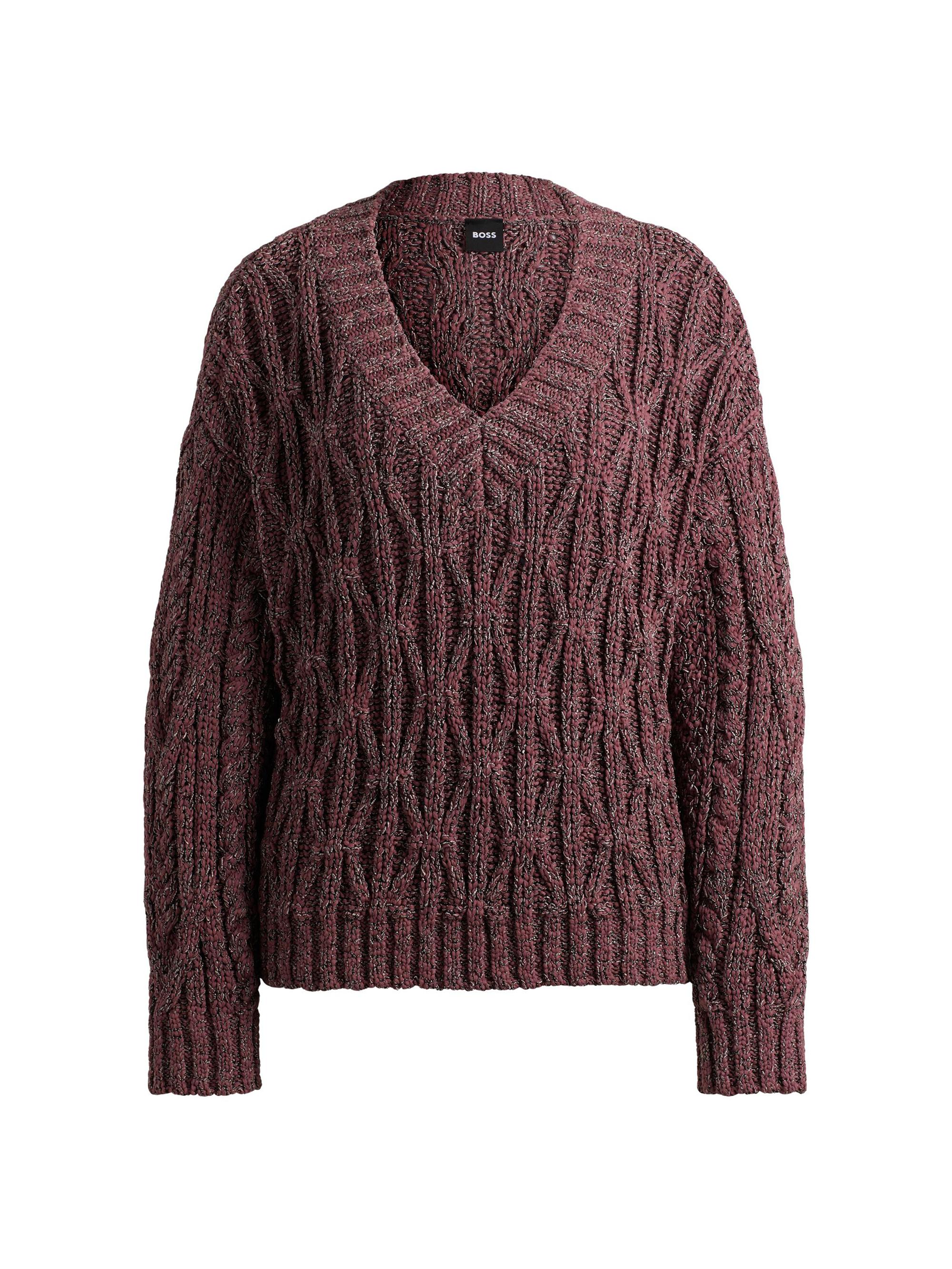 BOSS Women's V-Neck Sweater with Structured Knit - Burgundy