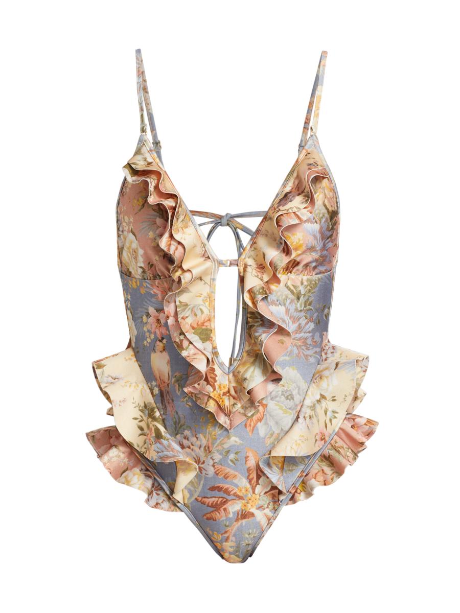 【Zimmermann】Tallow Waterfall ruffled floral swimsuit Zimmermann Tallow Floral Ruffle One-Piece Swimsuit | Saks