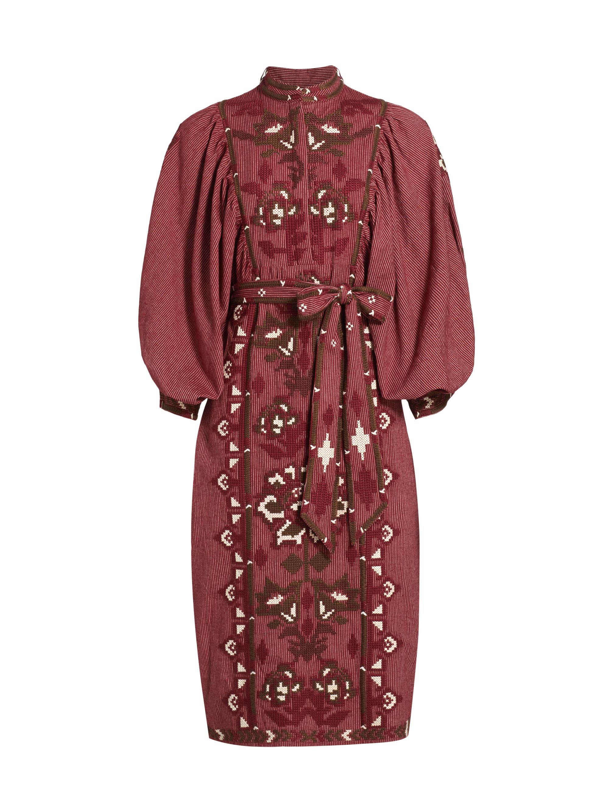 Farm Rio Women's Toucans Embroidered Tie-Waist Midi-Dress - Burgundy