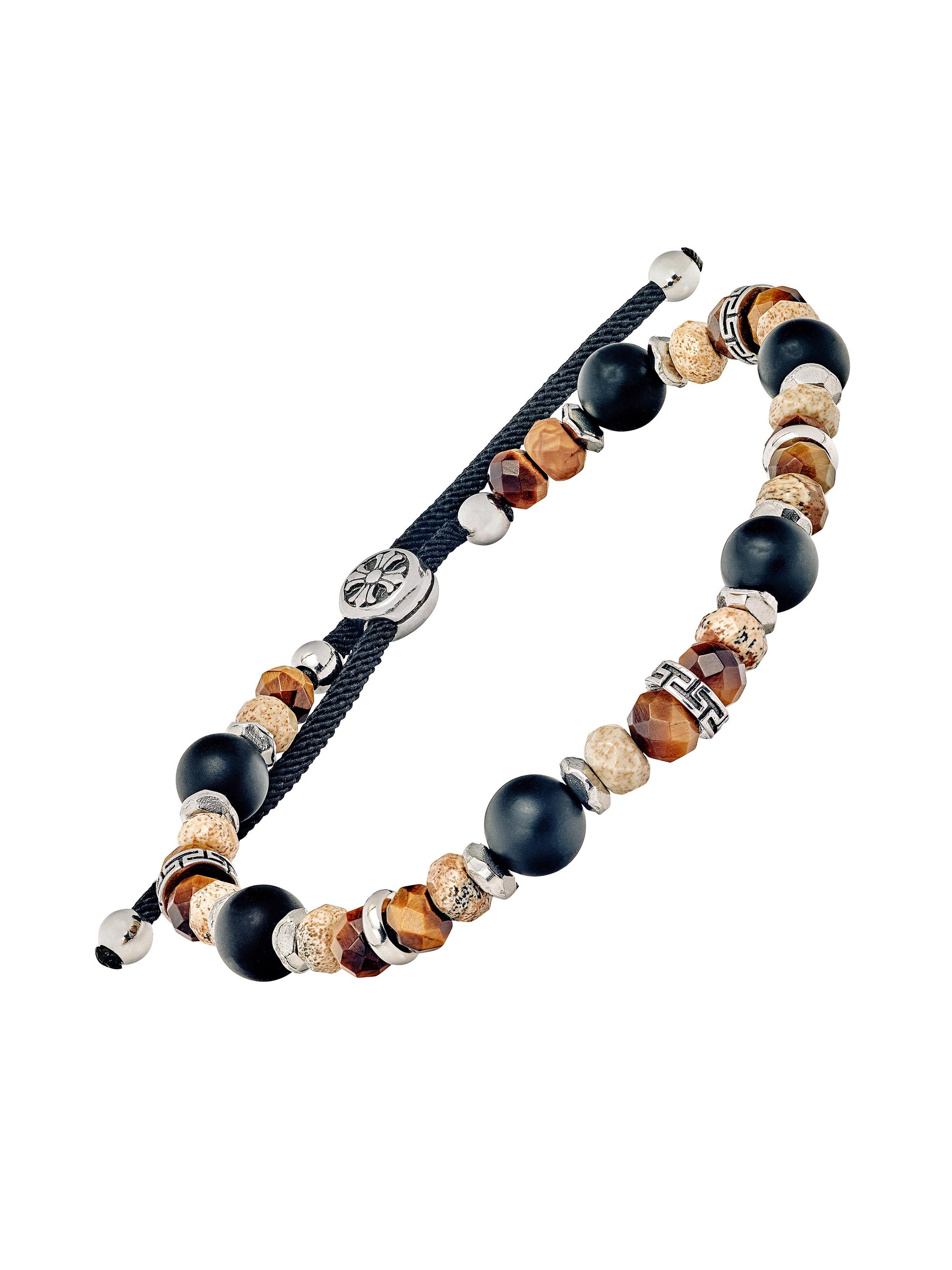 Link Up Men's Stainless Steel, Semi-Precious Bead & Nylon Cord Bracelet - Brown