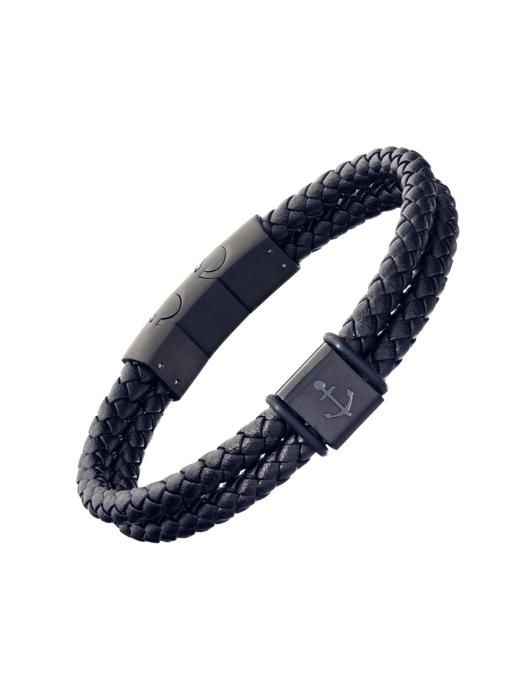 Link Up Men's Anchor Stainless Steel & Braided Leather Bracelet - Black