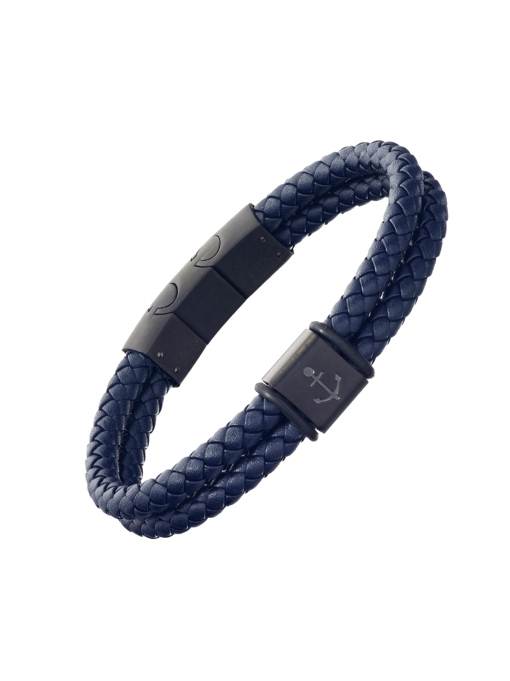 Link Up Men's Anchor Stainless Steel & Braided Leather Bracelet - Navy