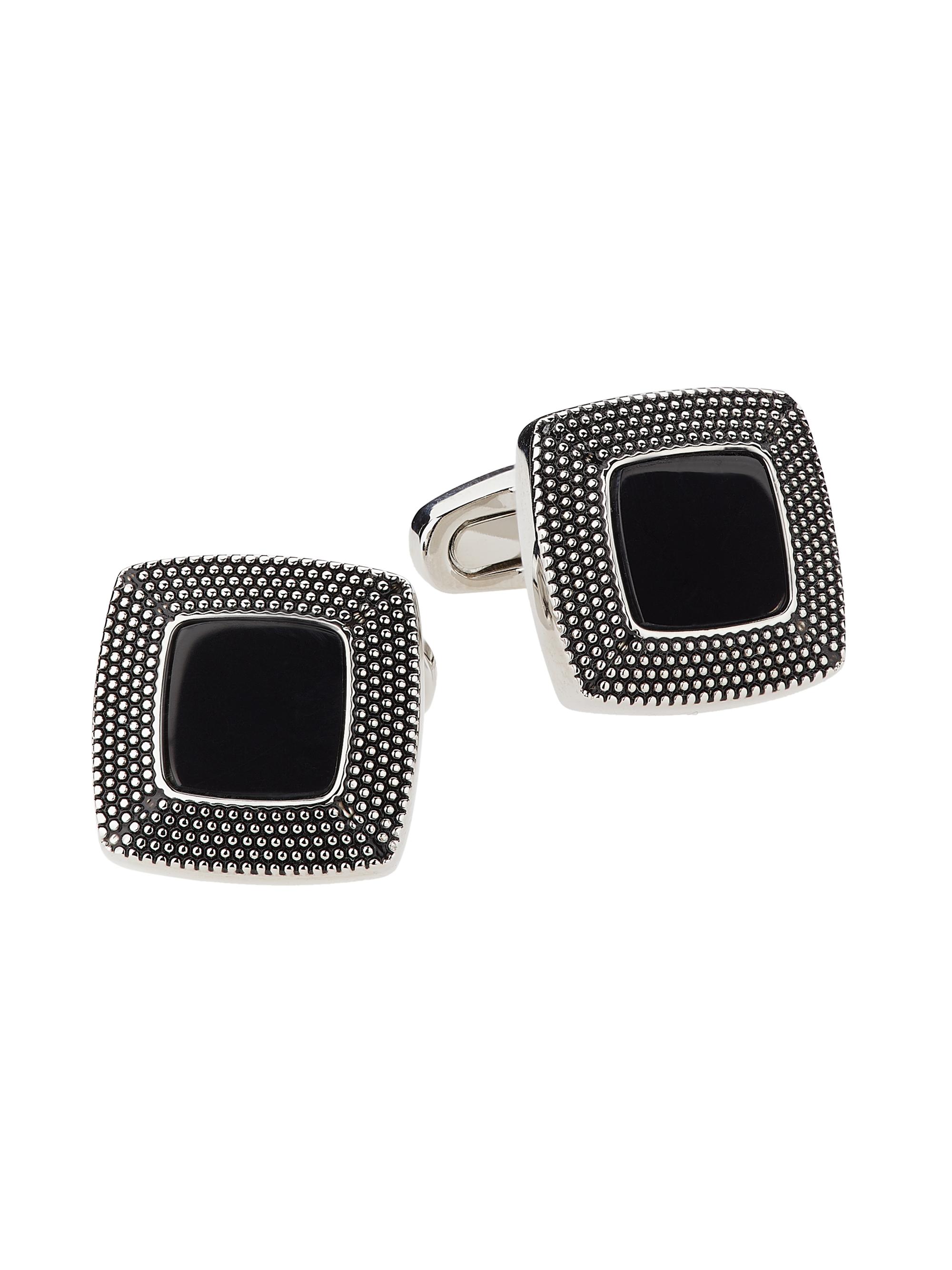 Link Up Men's Square Black Obsidian Antique Dot Border Cufflinks - Black
