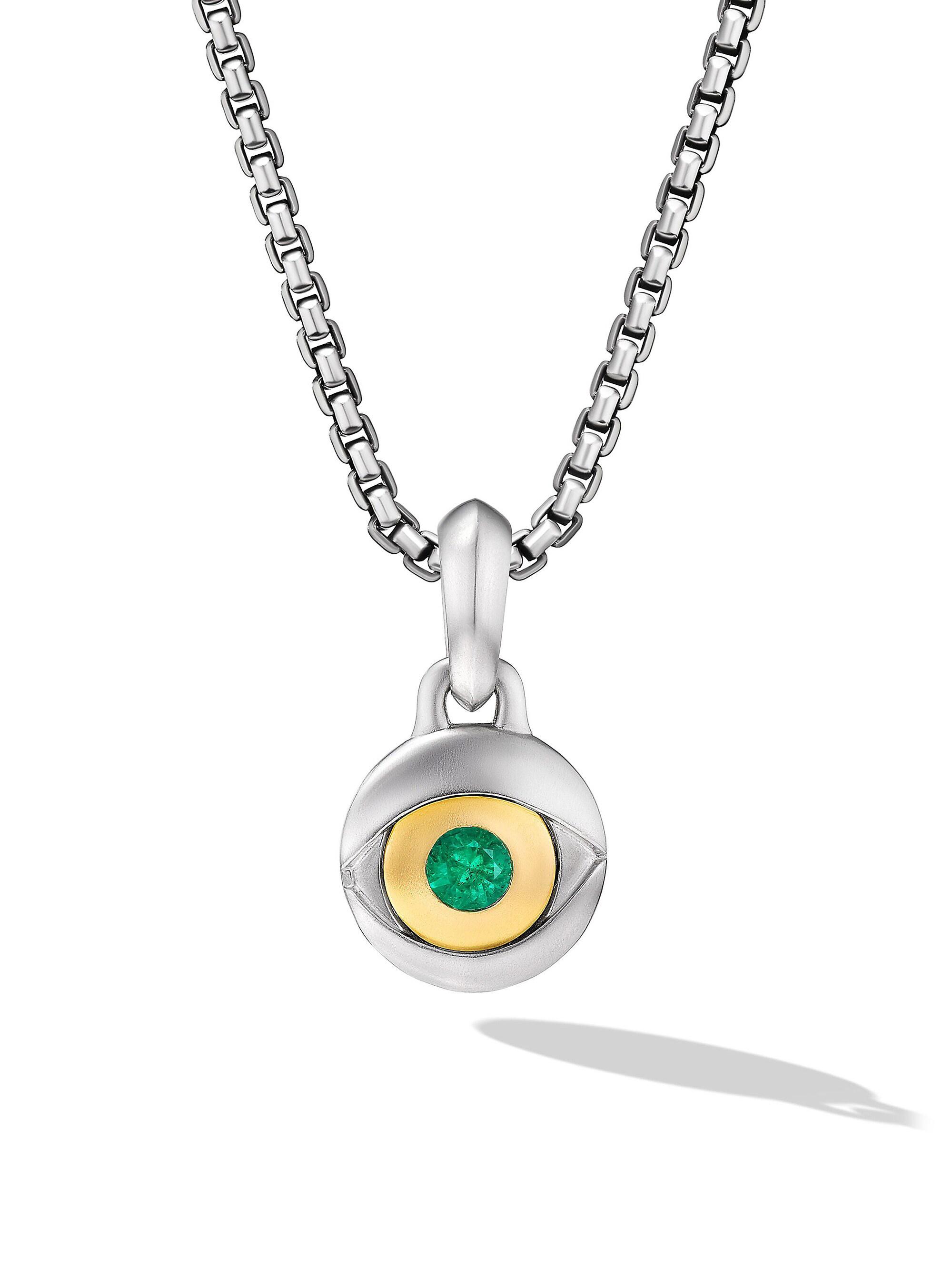 David Yurman Men's Evil Eye Amulet in Sterling Silver with 18K Yellow Gold and Emerald, 14.5MM - Emerald