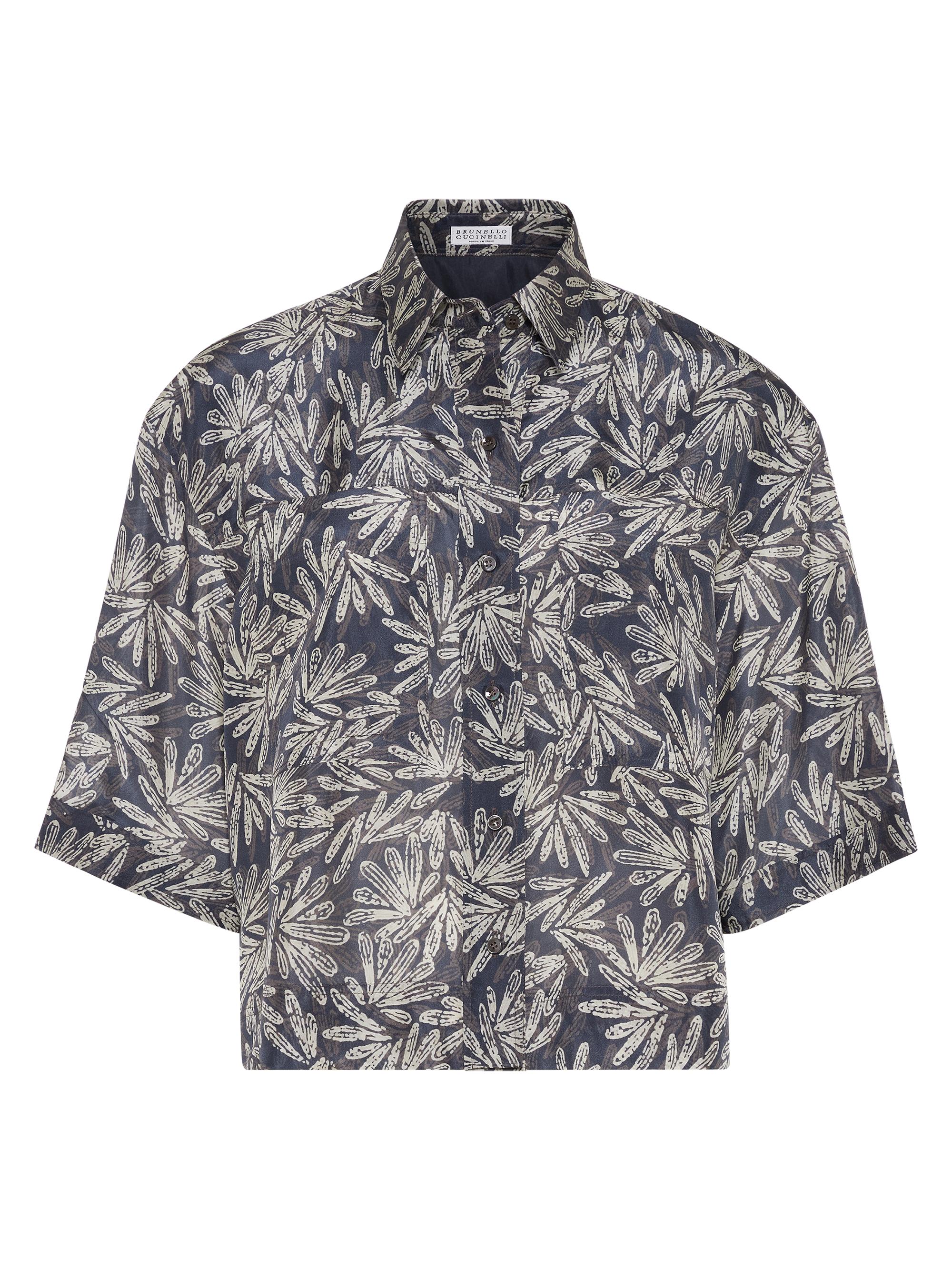 Brunello Cucinelli Women's Silk Fern Print Pongee Shirt with Monili - Blue