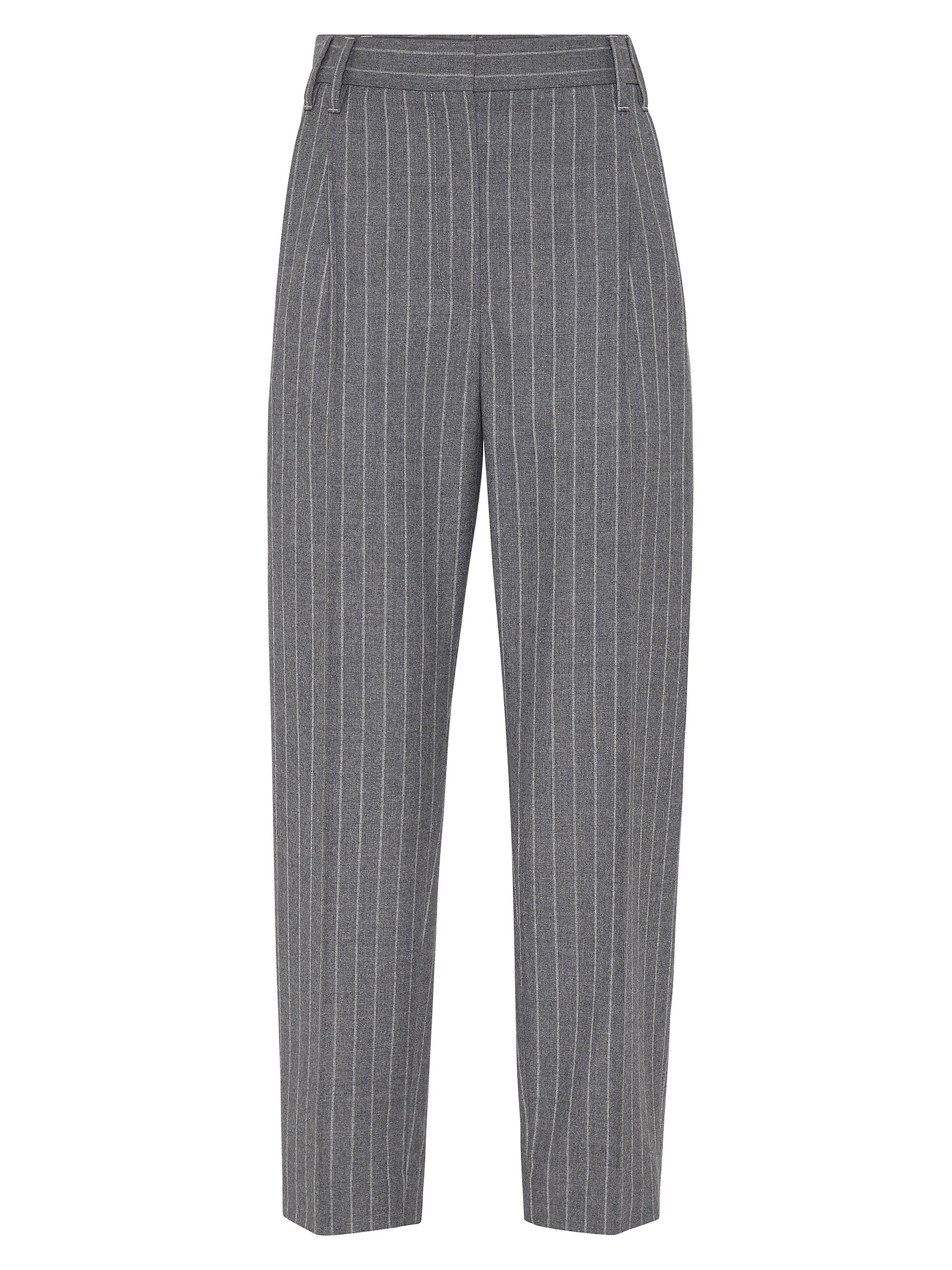 Brunello Cucinelli Women's Wool Mouliné Chalk Stripe Slouchy Trousers - Grey