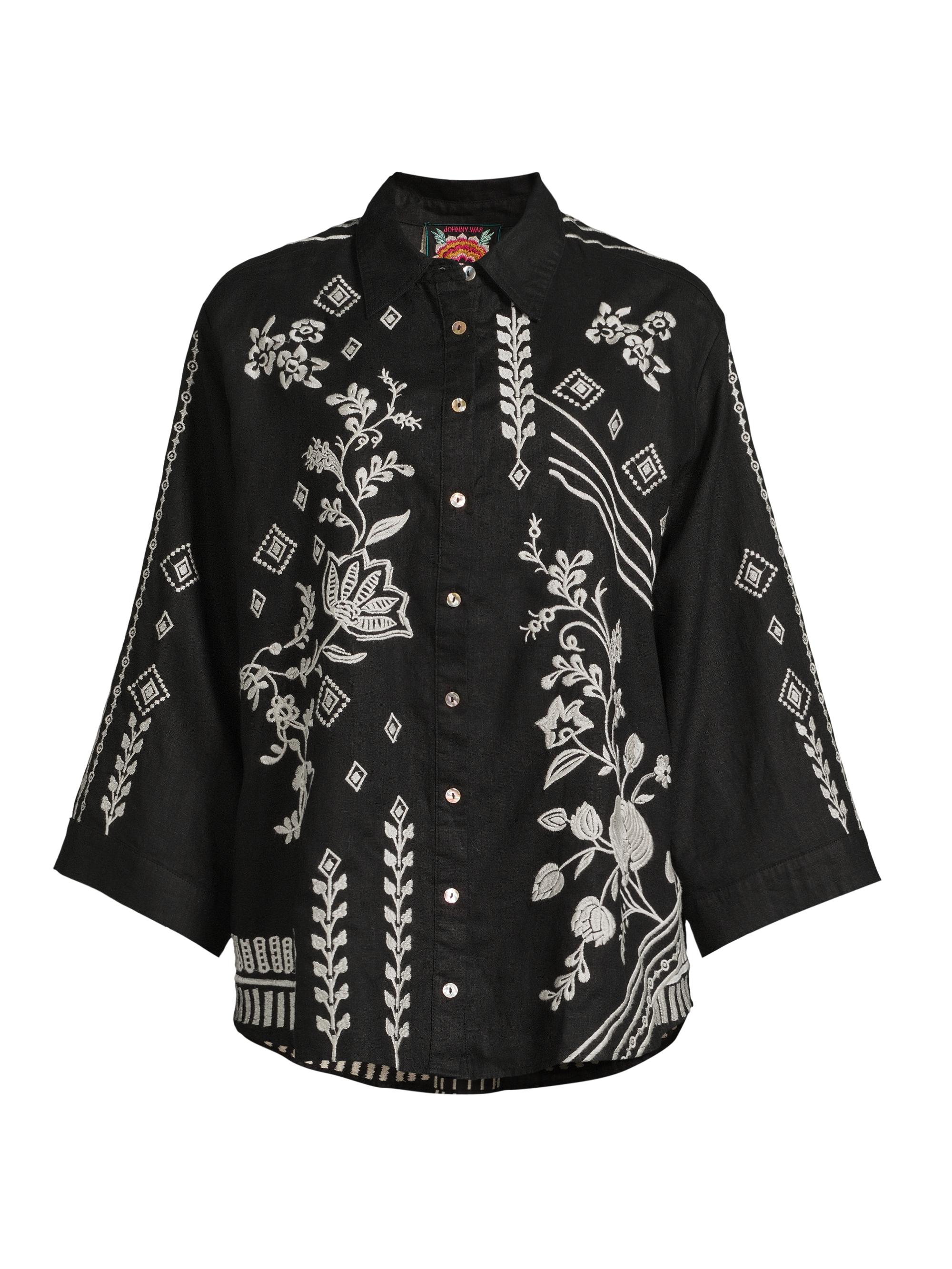 Johnny Was Women's Francis Embroidered Linen Shirt - Black