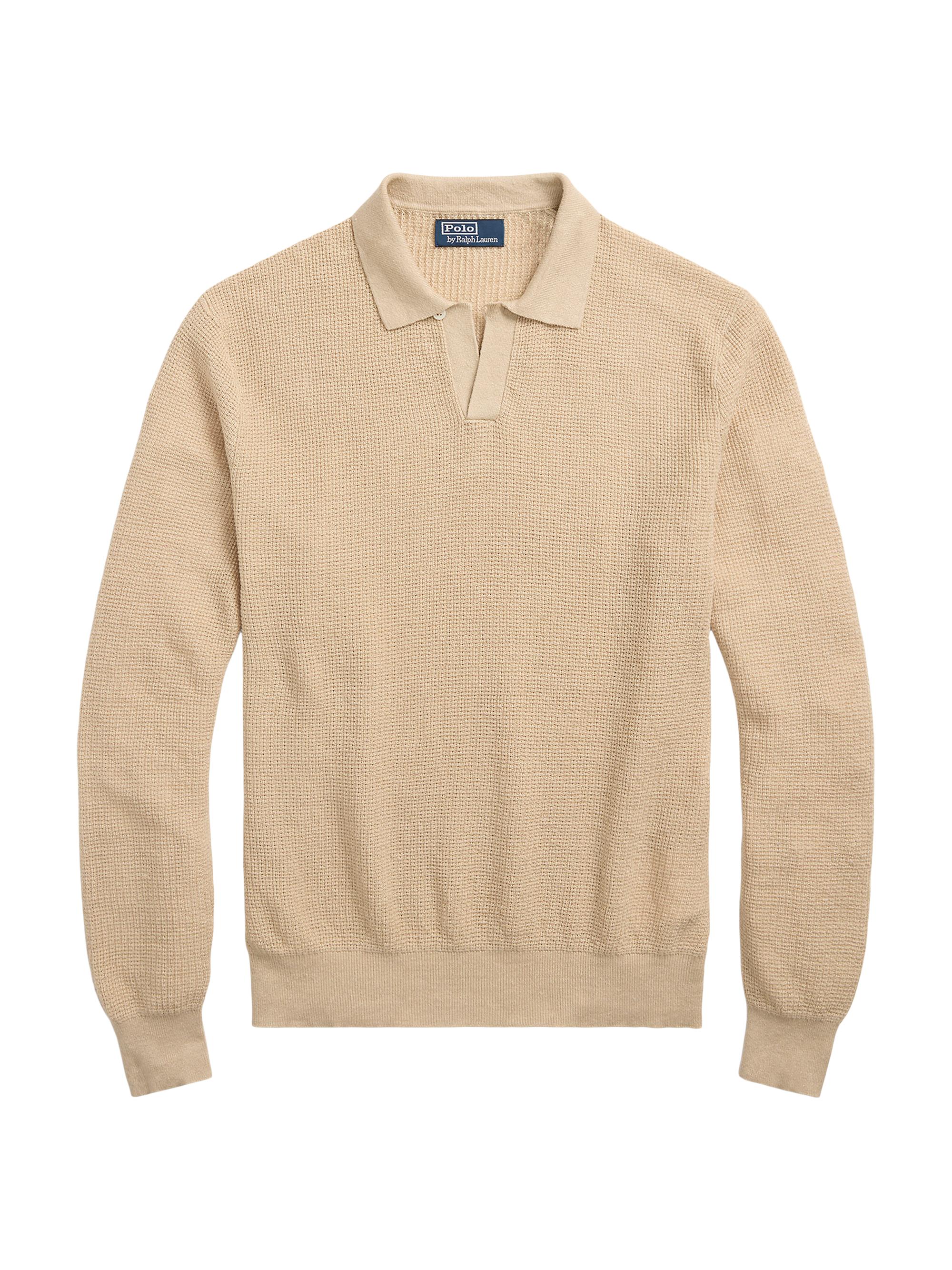 Polo Ralph Lauren Men's Linen Mesh Collared Sweater - Light Beige