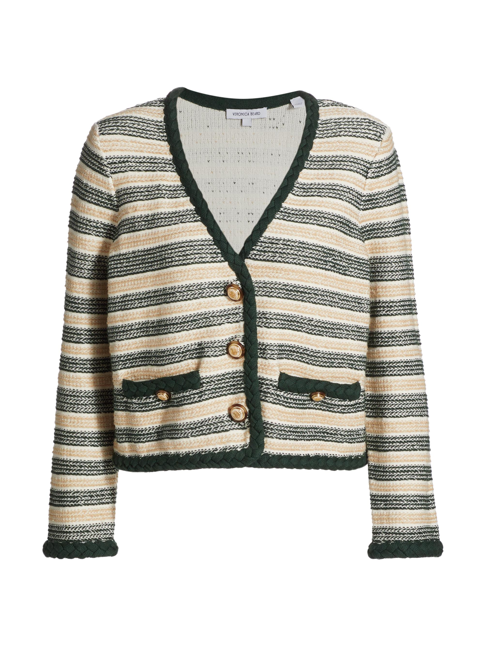 Veronica Beard Women's Claudine Stripe Knit Button-Up Jacket -  Hunter Green Khaki