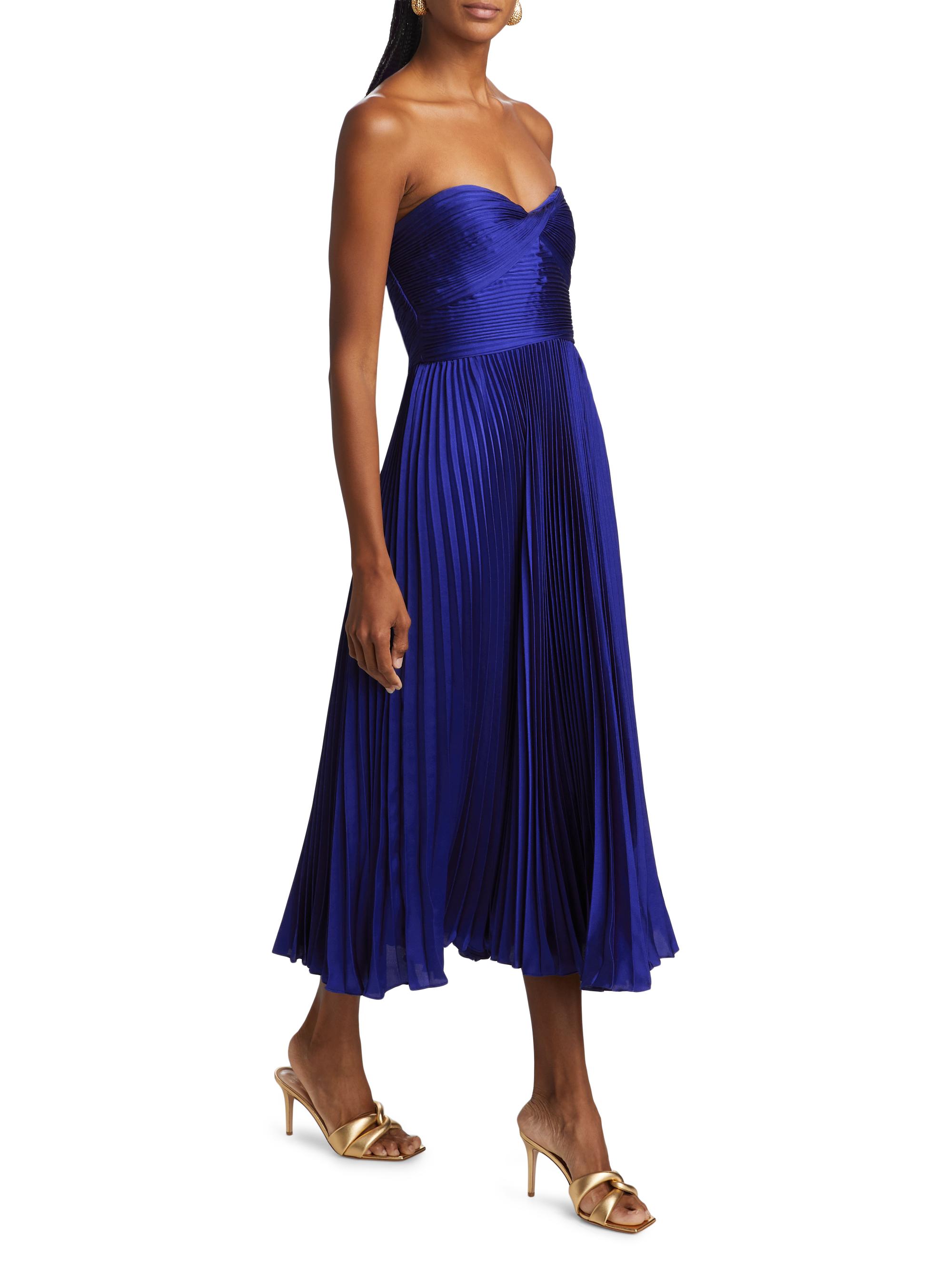 joya strapless sweetheart lamé pleated a-line dress from saks fifth As It May Women's Jeanne Pleated Satin Strapless Midi-Dress - Electric Blue