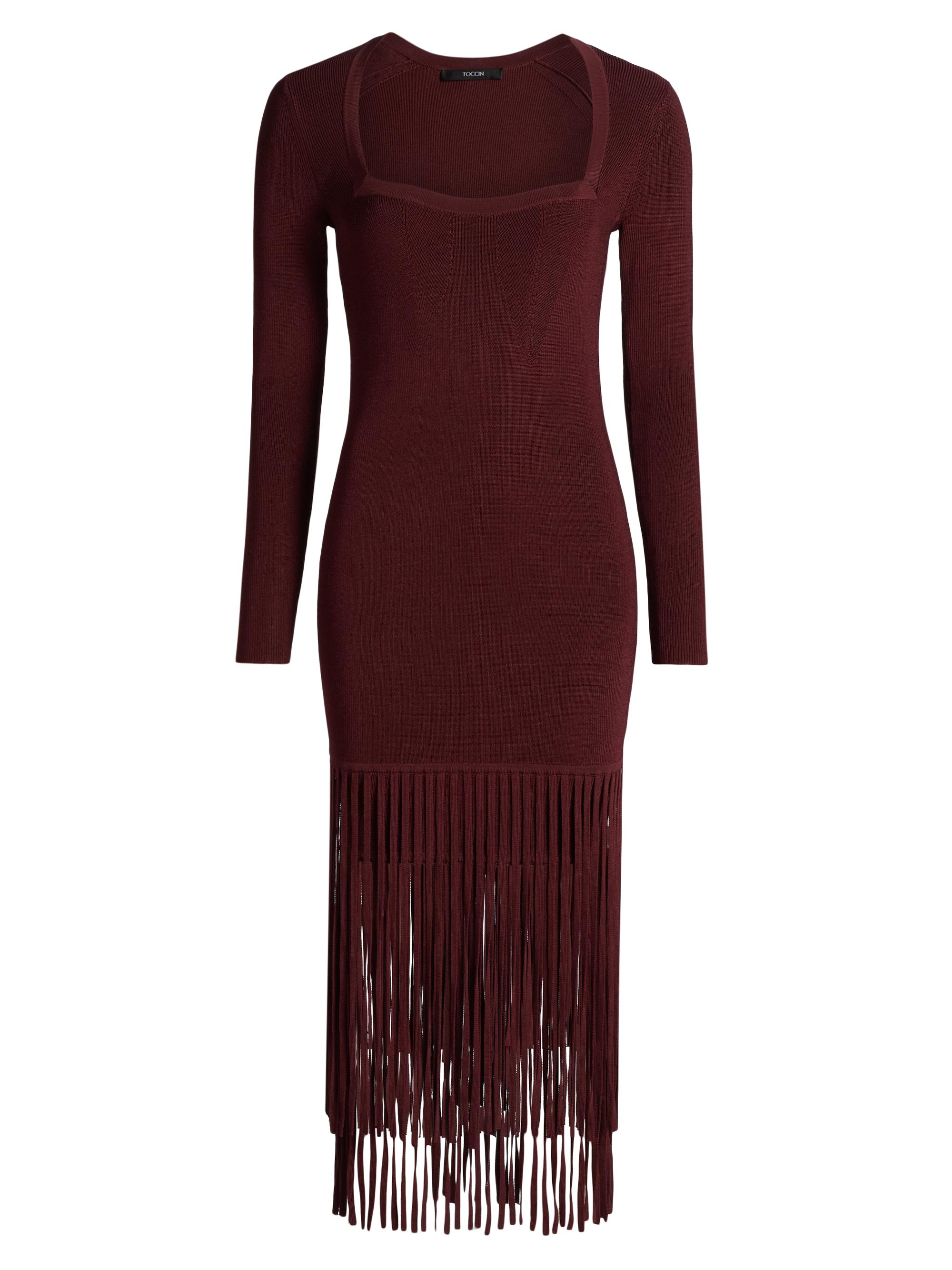Toccin Women's Mila Fringe Knit Long-Sleeve Midi-Dress - Burgundy