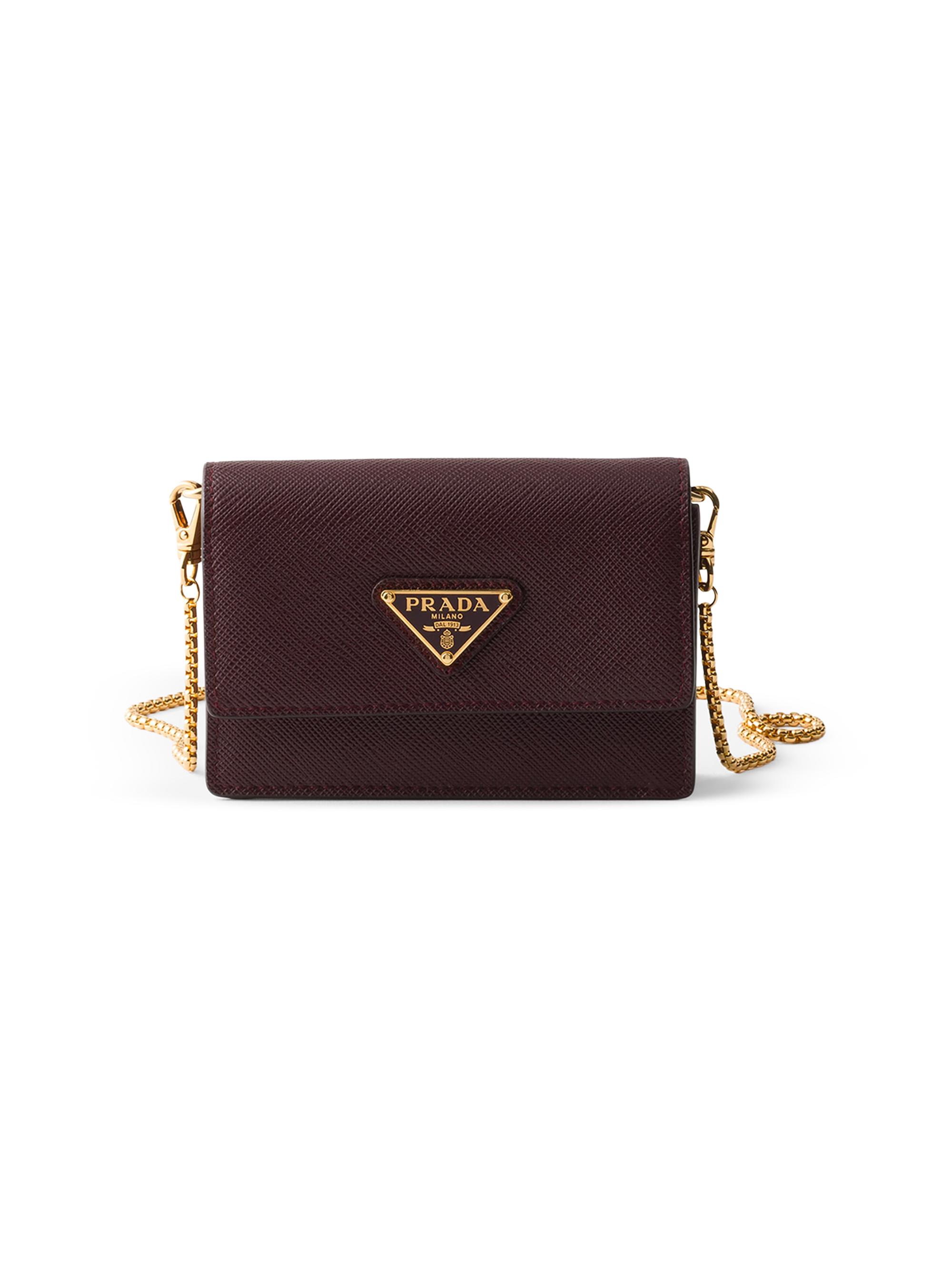 Prada Women's Saffiano Leather Card Holder with Shoulder Strap - Dark Red