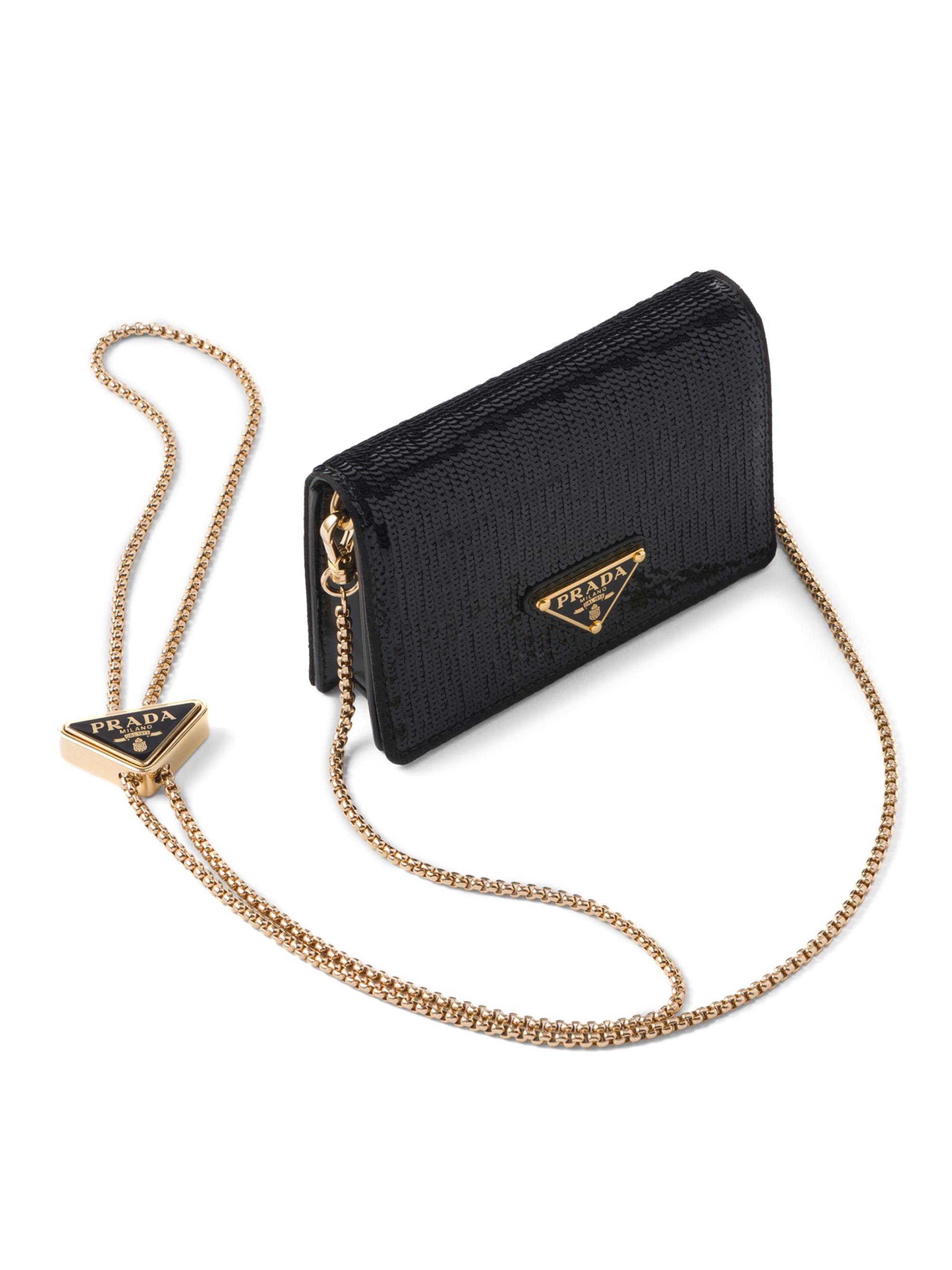 Prada Women's Sequined Card Holder with Shoulder Strap - Black