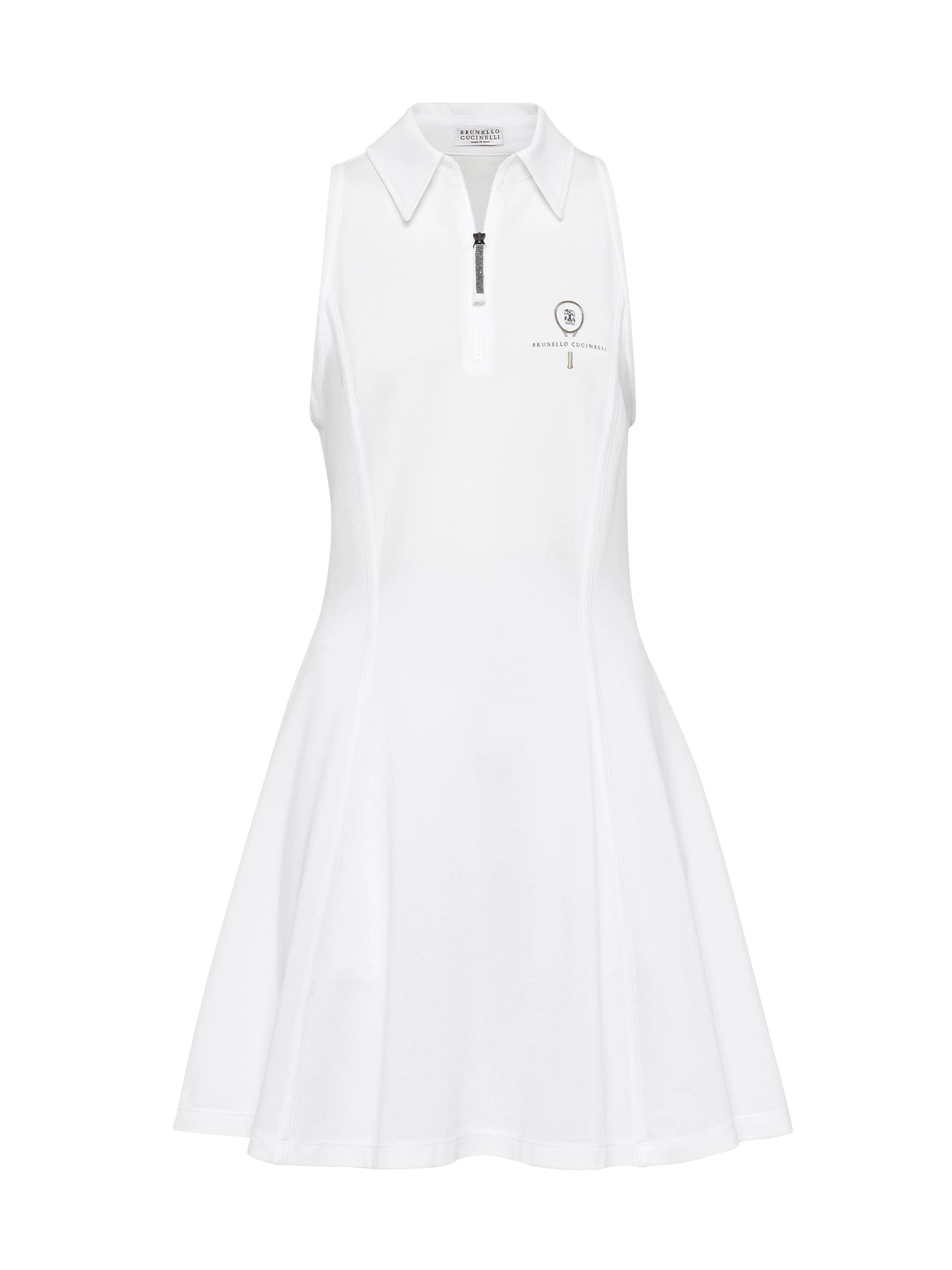Brunello Cucinelli Women's Stretch Cotton Piqué Dress with Shiny Zipper Pull and Tennis Logo - White