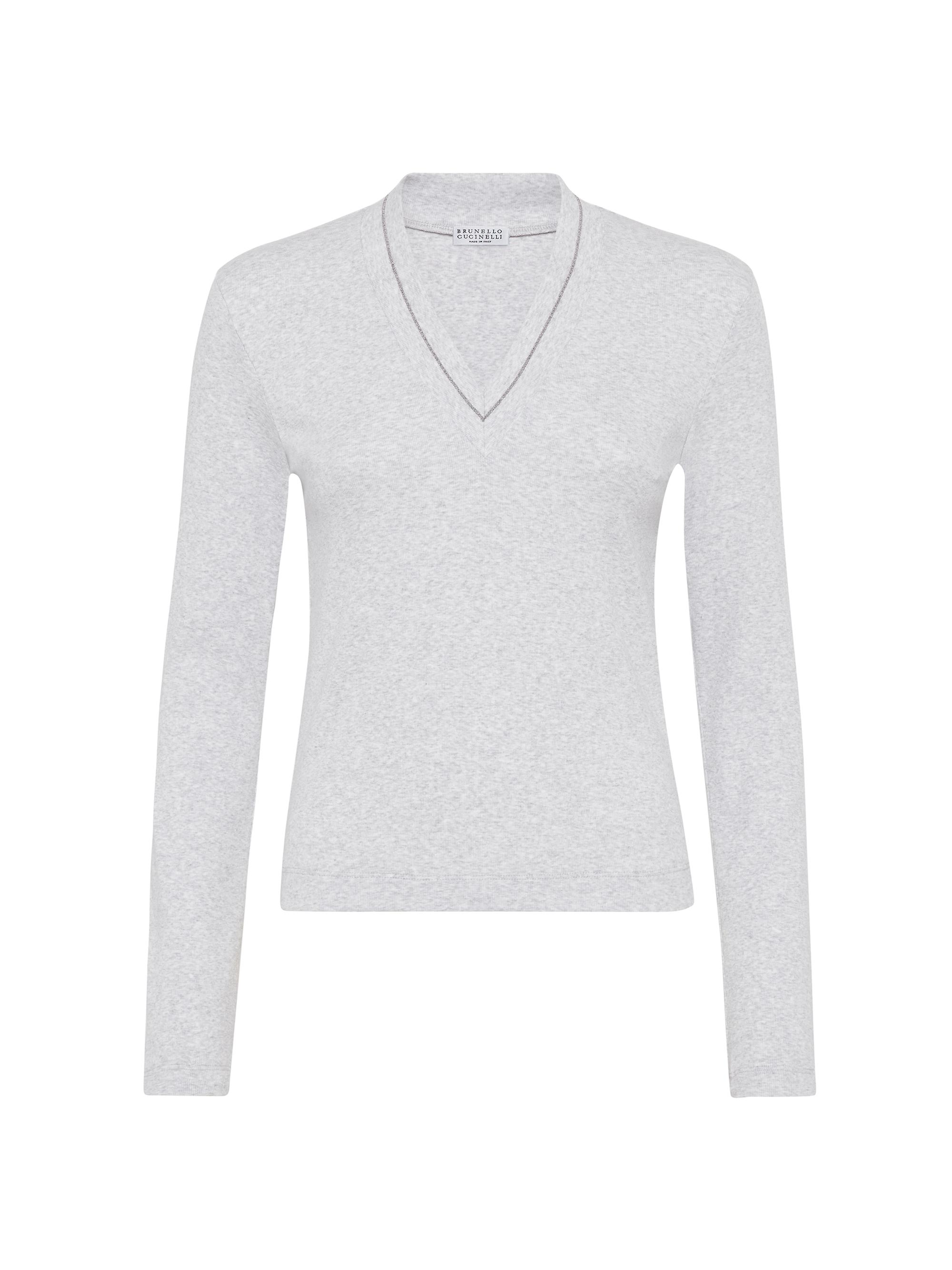 Brunello Cucinelli Women's Stretch Cotton Ribbed Jersey T-Shirt with Monili - Silver