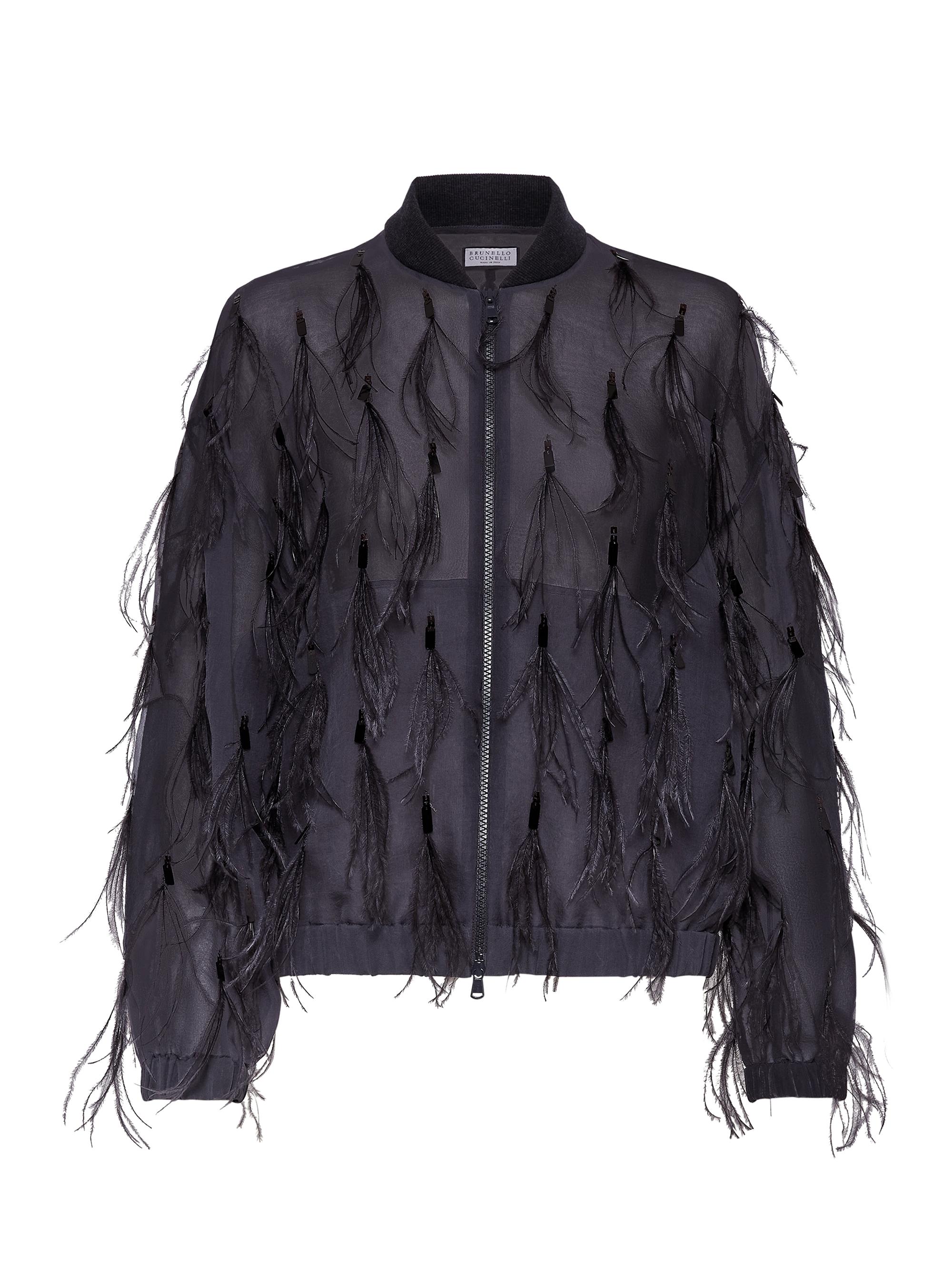 Brunello Cucinelli Women's Crispy Silk Bomber Jacket with Dazzling Feather Embroidery - Lignite