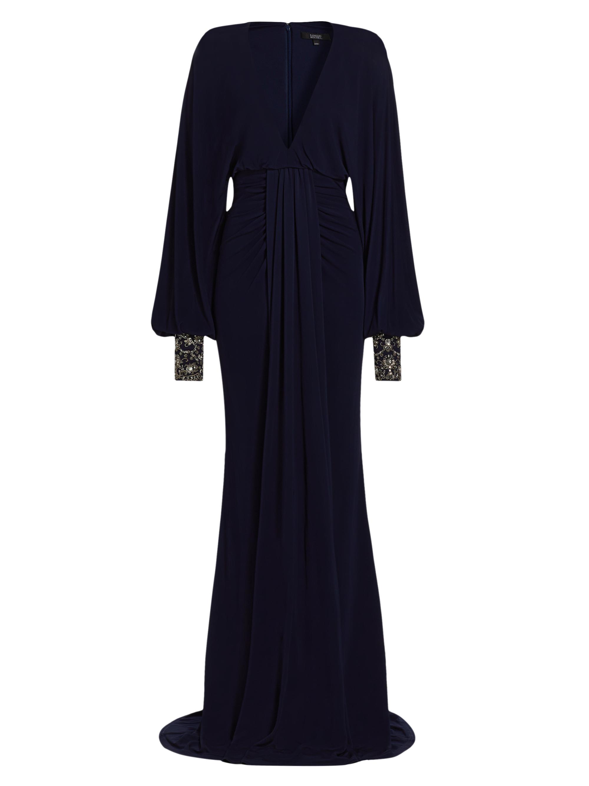 Badgley Mischka Women's V-Neck Draped Beaded Gown - Navy