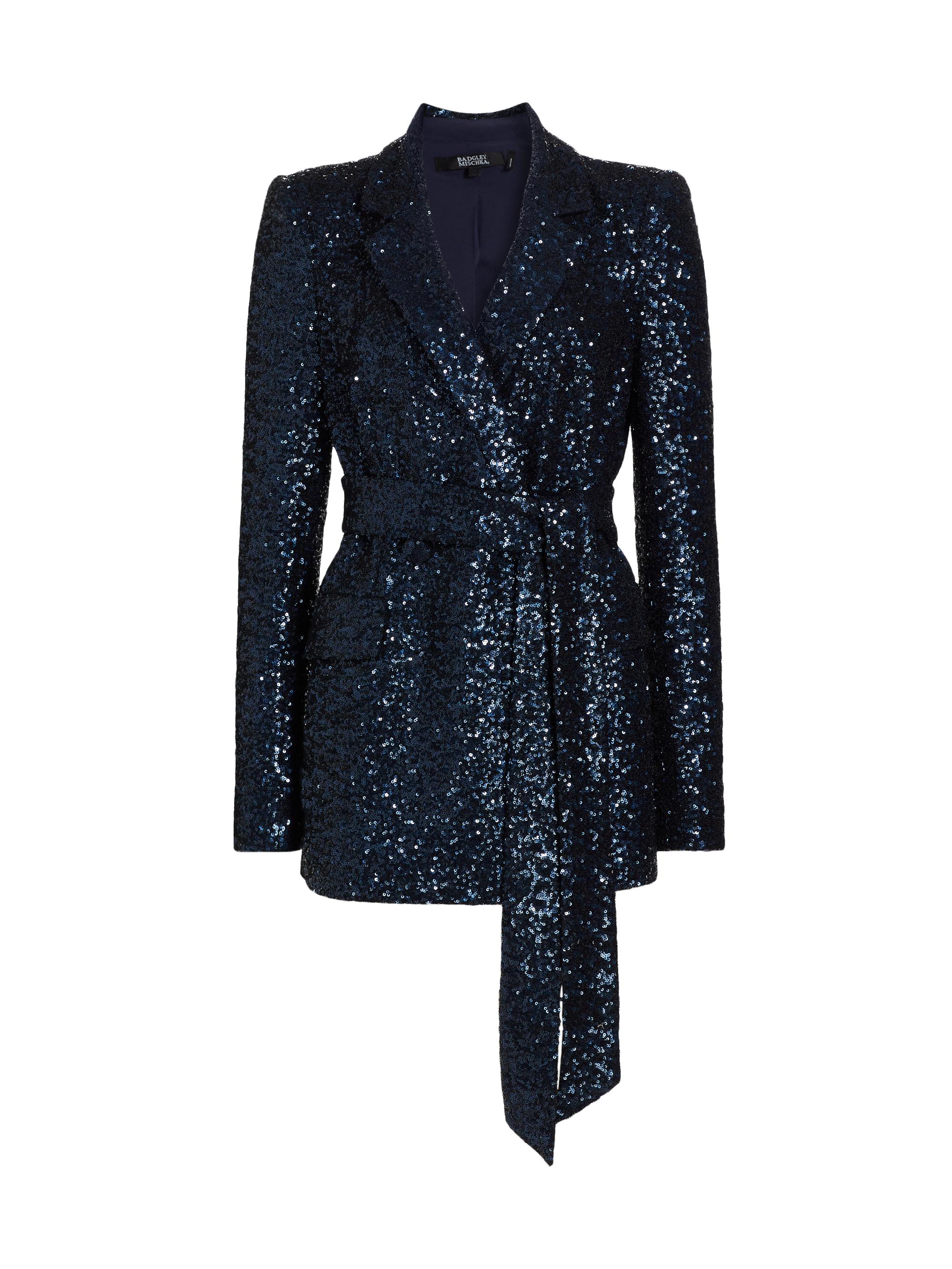 Badgley Mischka Women's Sequin Self-Tie Double-Breasted Jacket - Navy
