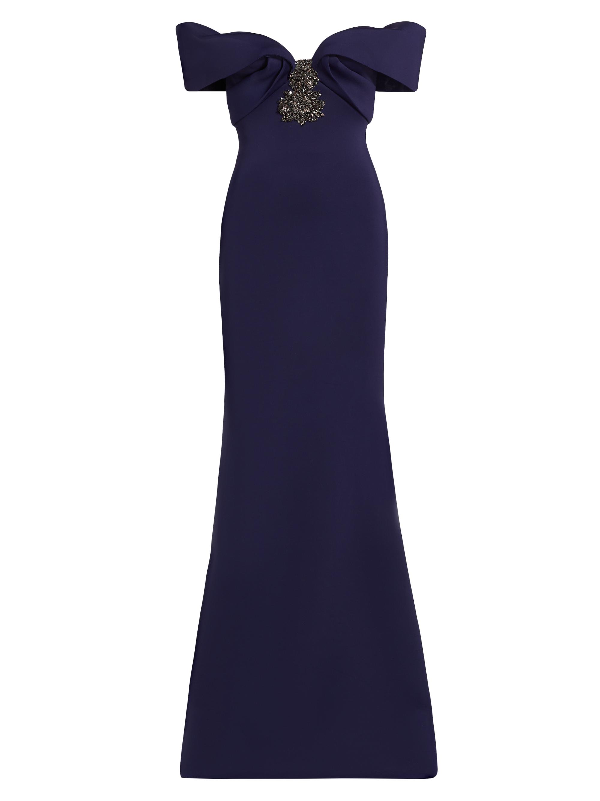 Badgley Mischka Women's Embellished Scuba Off-The-Shoulder Gown - Navy