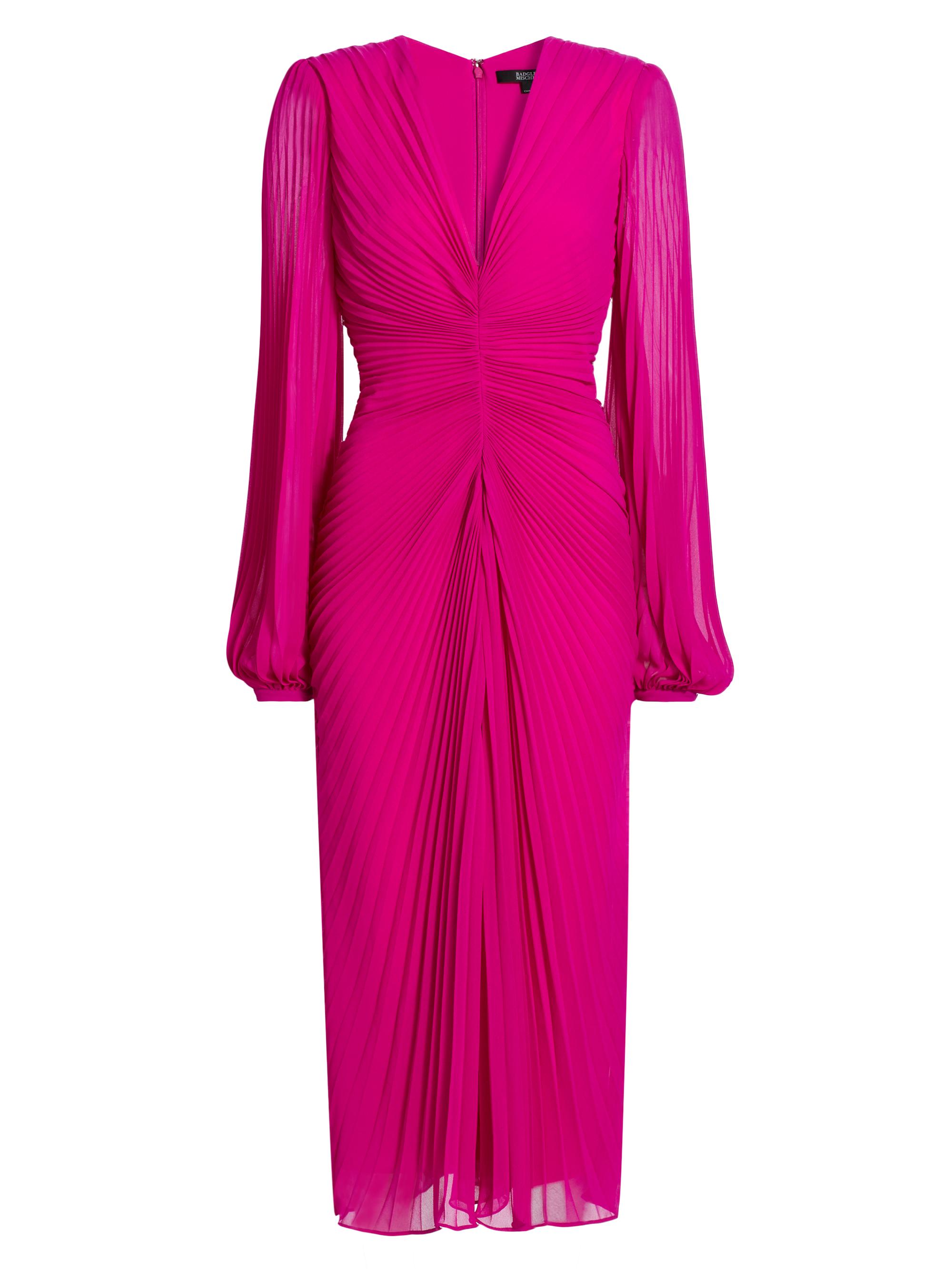Badgley Mischka Women's Georgette Pleated V-Neck Midi-Dress - Fuchsia