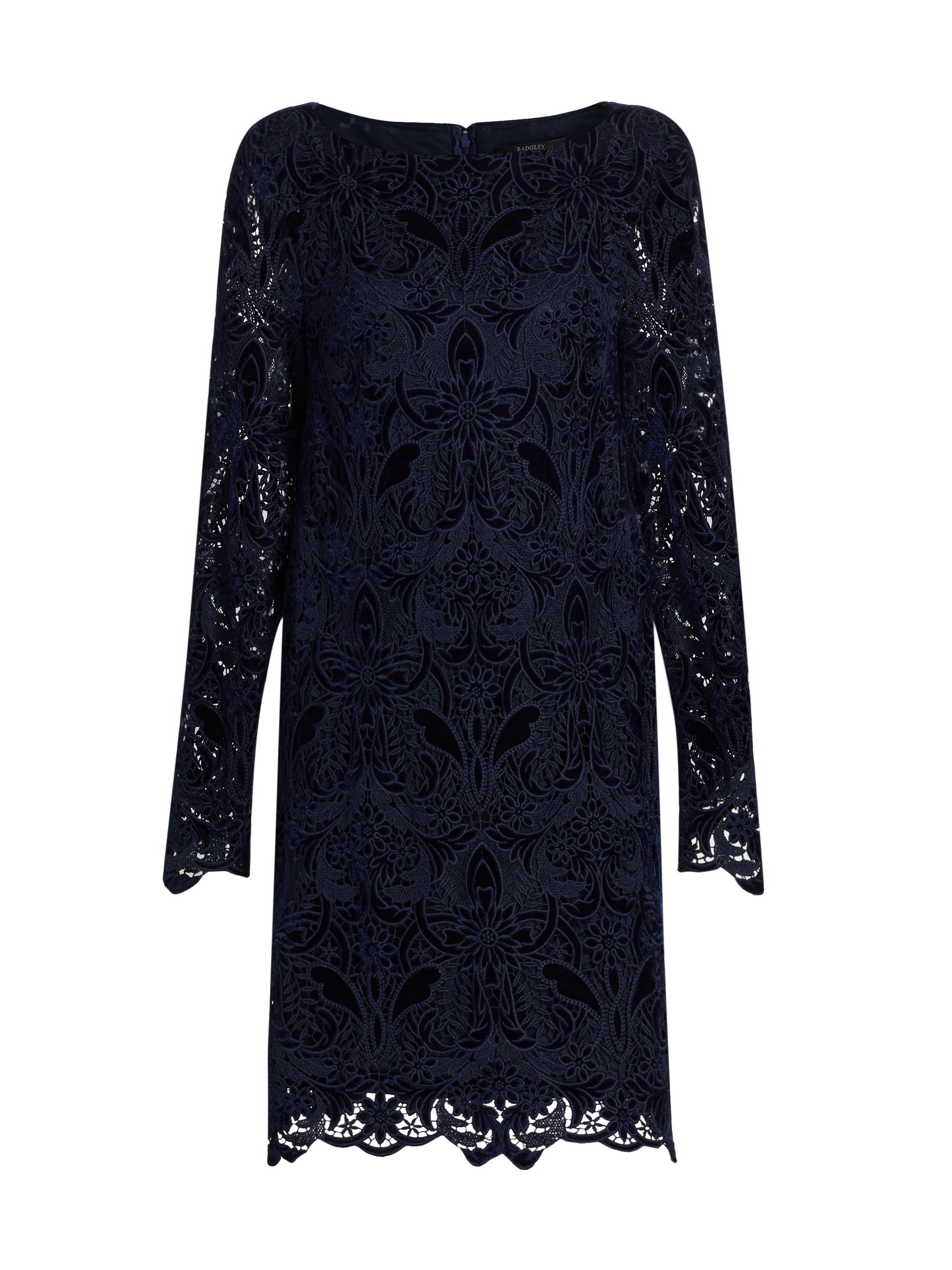 Badgley Mischka Women's Velvet-Lace Long-Sleeve Midi-Dress - Navy