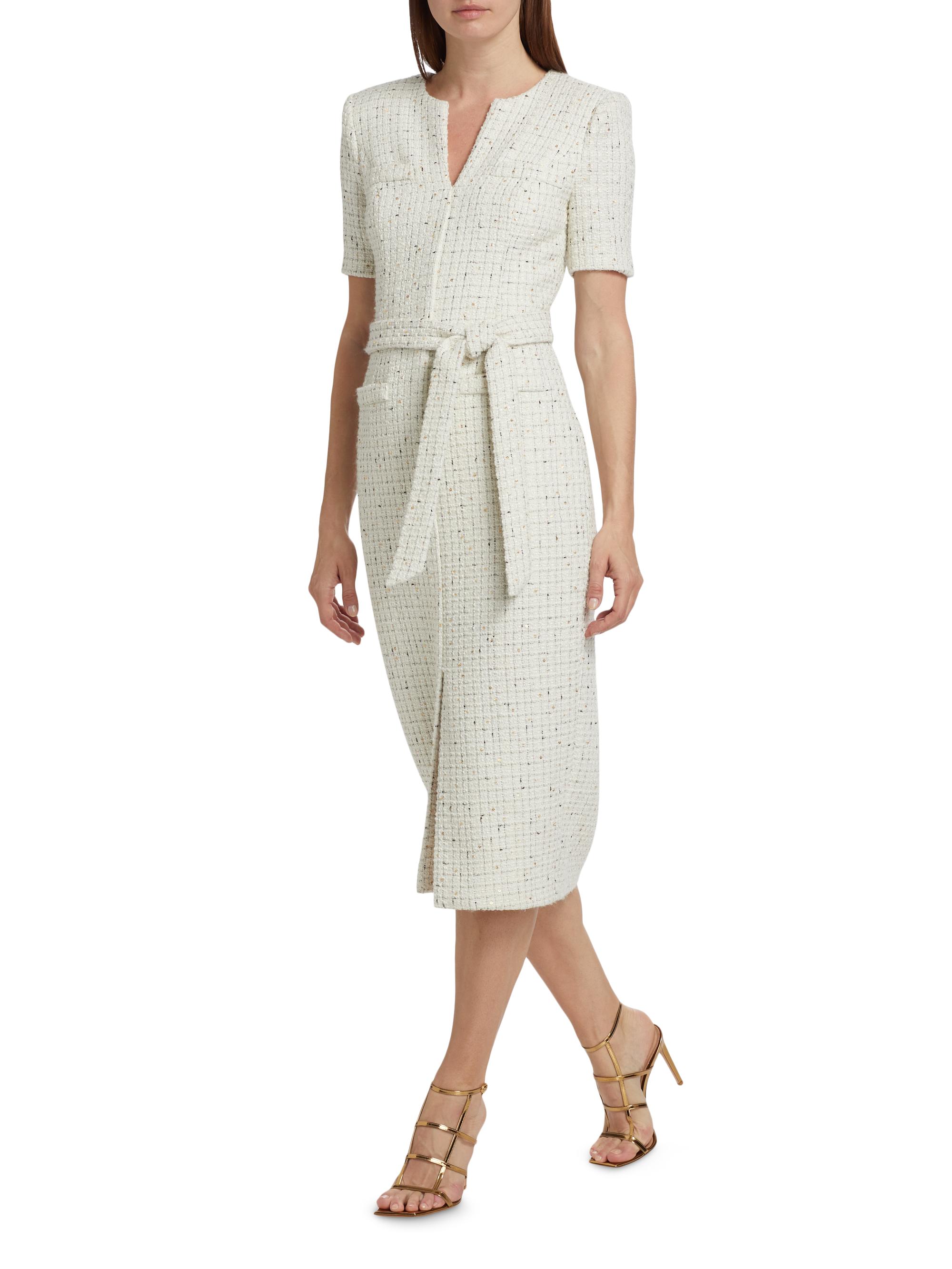 Badgley Mischka Tweed Short-Sleeve Belted Midi-Dress Saks Fifth