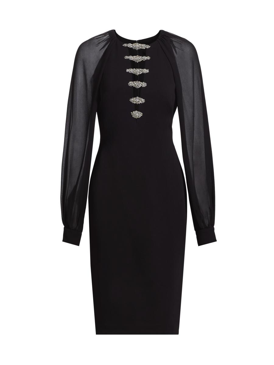 みき Badgley Mischka Embellished Georgette Long-Sleeve Midi-Dress
