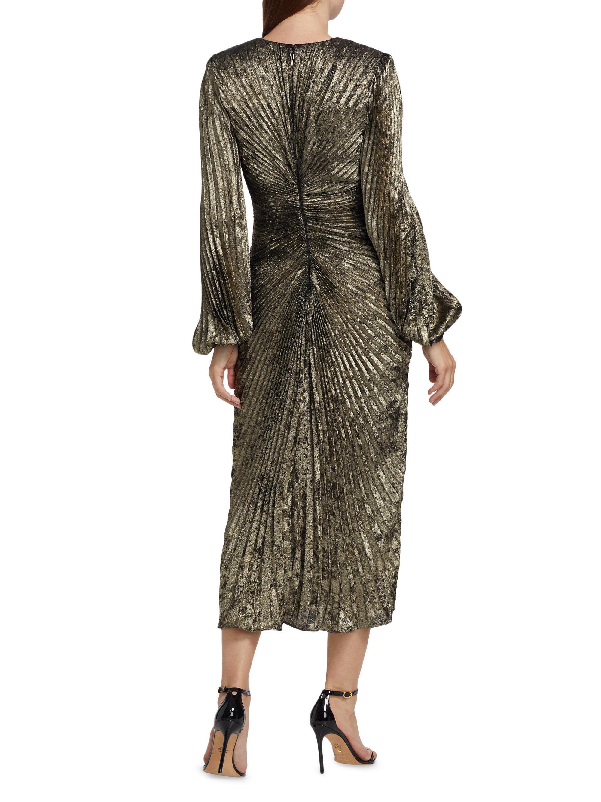 Badgley Mischka Metallic Pleated V-Neck Midi-Dress | Saks Fifth Avenue