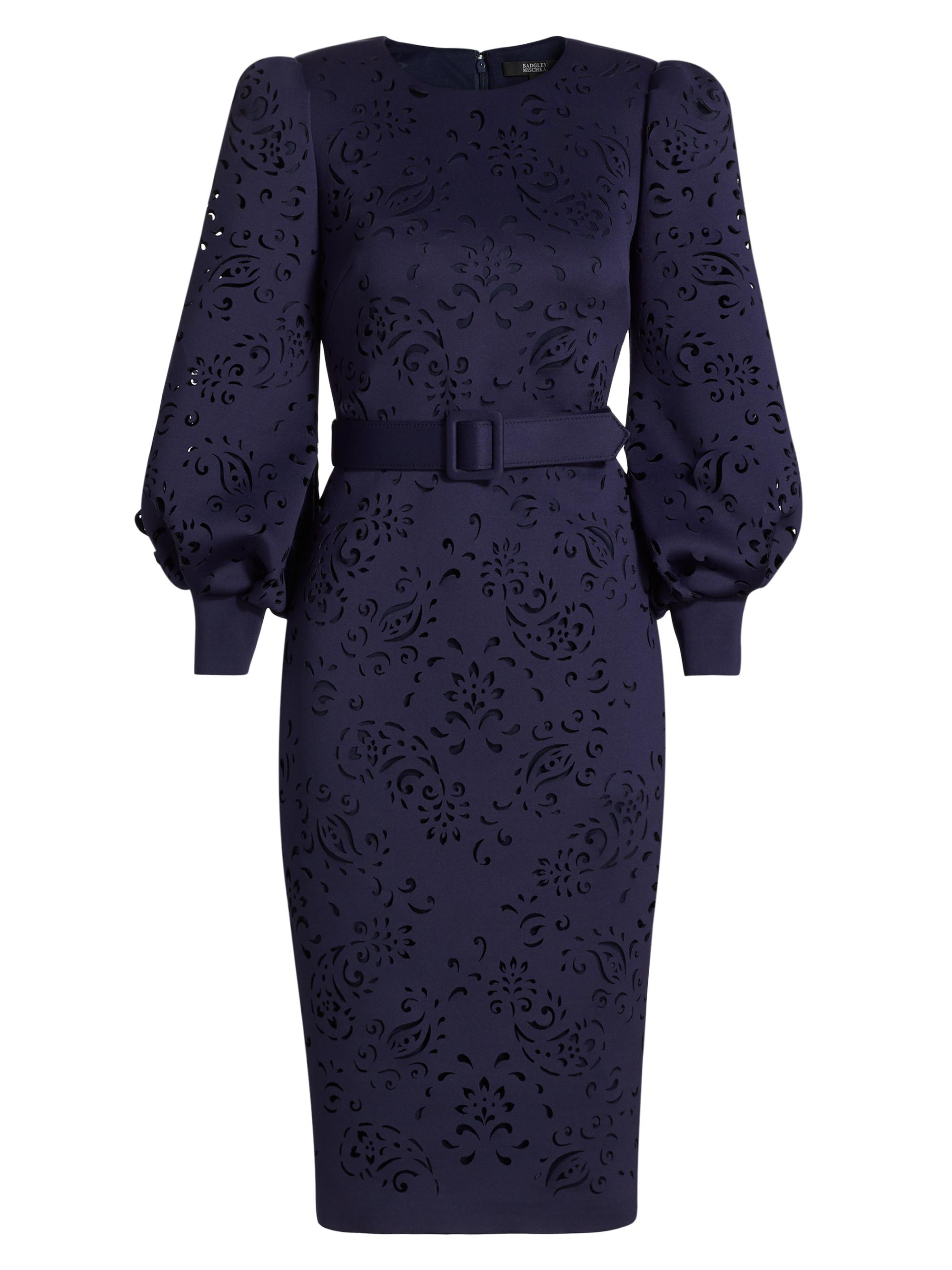 Badgley Mischka Women's Cut-Out Long-Sleeve Belted Midi-Dress - Navy