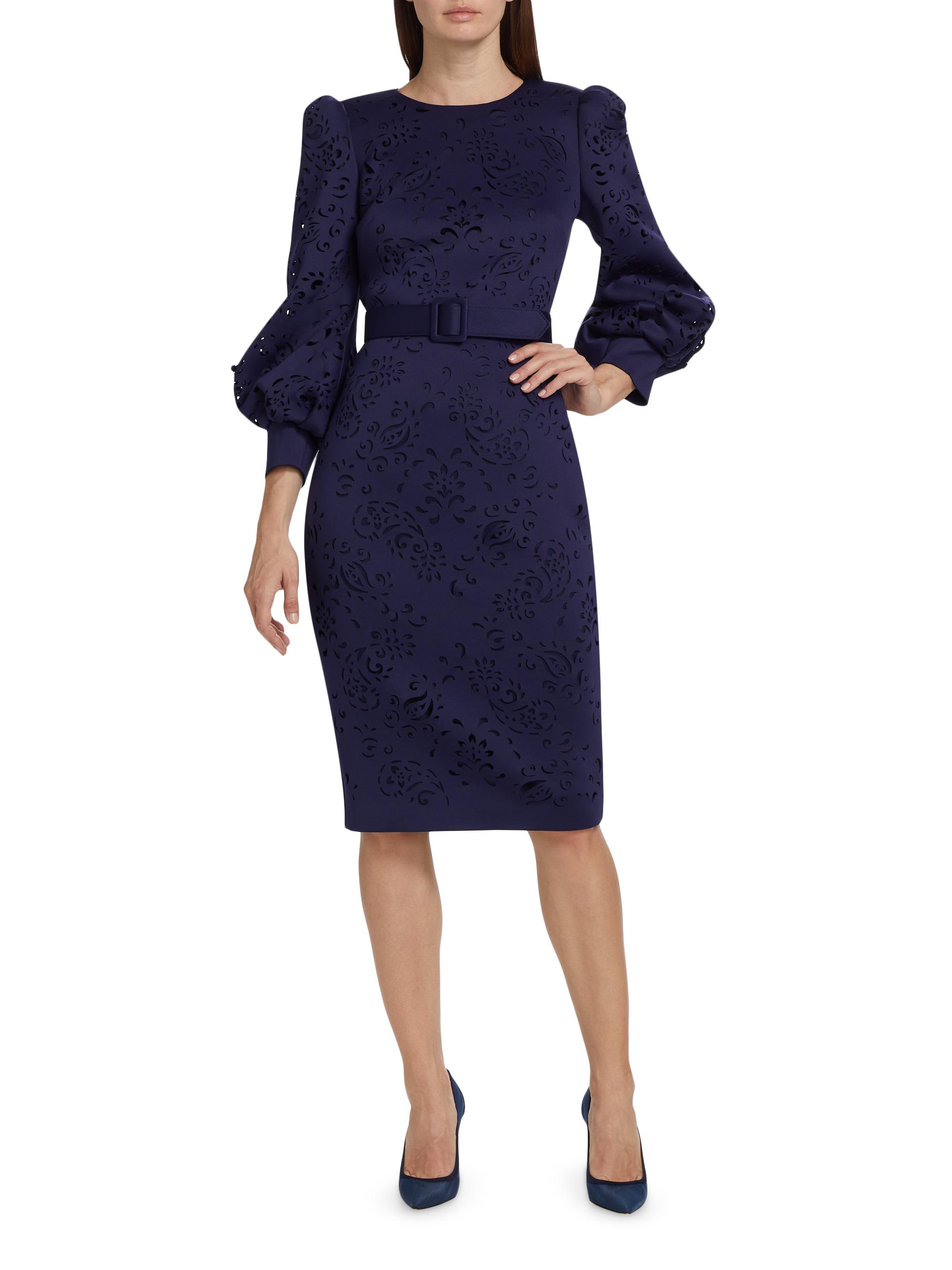 Badgley Mischka Cut-Out Long-Sleeve Belted Midi-Dress | Saks Fifth Avenue